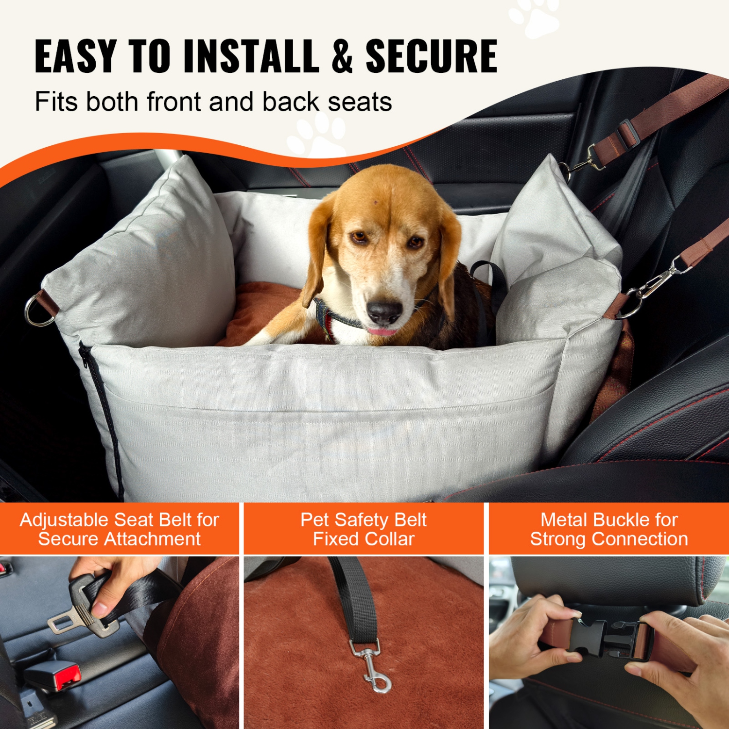 VEVOR Dog Car Seat, Waterproof Dog Booster Seat for Car with Side Handles and A Storage Pocket, Clip-On Safety Leash and PP Cotton Filling, Car Bed