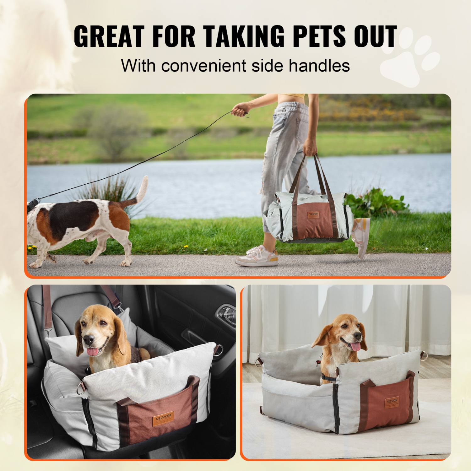 VEVOR Dog Car Seat, Waterproof Dog Booster Seat for Car with Side Handles and A Storage Pocket, Clip-On Safety Leash and PP Cotton Filling, Car Bed