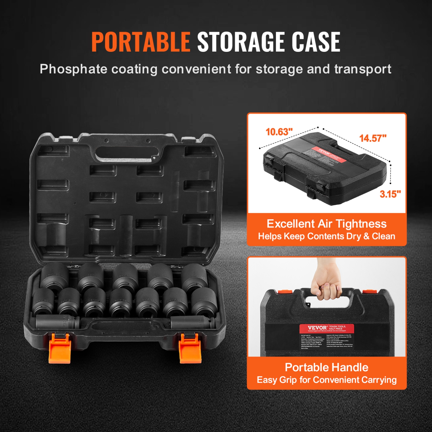 VEVOR Axle Nut Impact Socket Set, 1/2" Drive Deep 6+12-Point 14-Piece Metric Spindle Nut Socket Set, CR-V Heat Treated Socket Set with Storage Case,