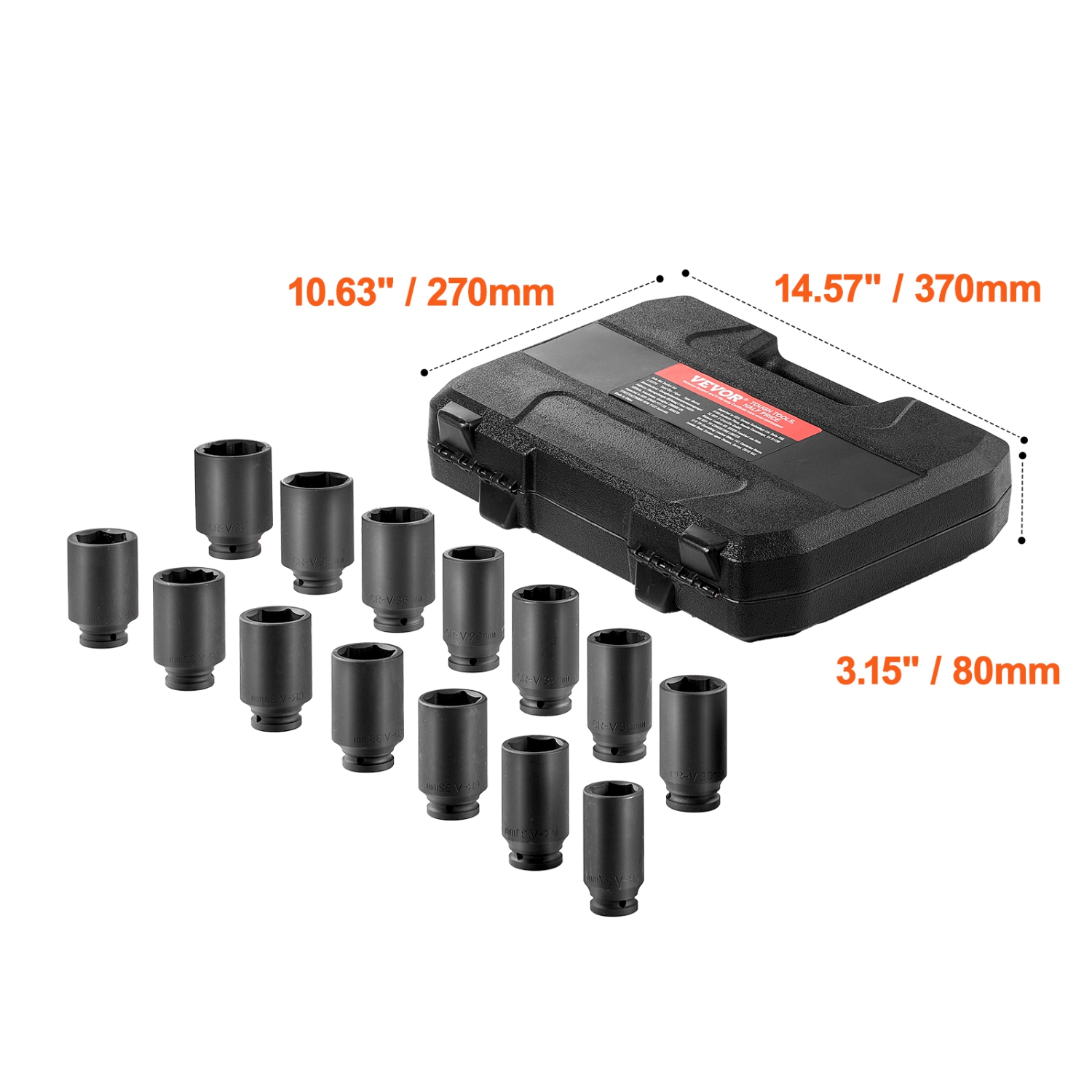 VEVOR Axle Nut Impact Socket Set, 1/2" Drive Deep 6+12-Point 14-Piece Metric Spindle Nut Socket Set, CR-V Heat Treated Socket Set with Storage Case,