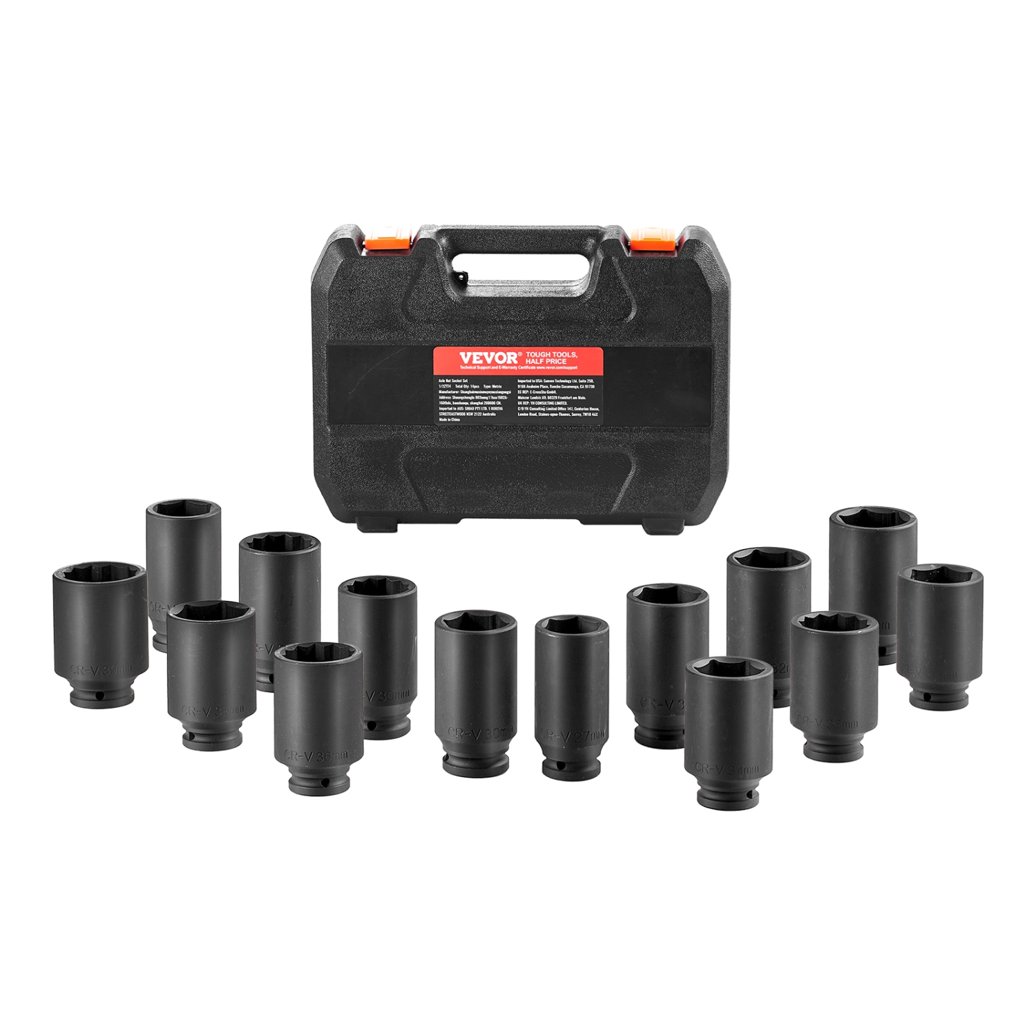 VEVOR Axle Nut Impact Socket Set, 1/2" Drive Deep 6+12-Point 14-Piece Metric Spindle Nut Socket Set, CR-V Heat Treated Socket Set with Storage Case,