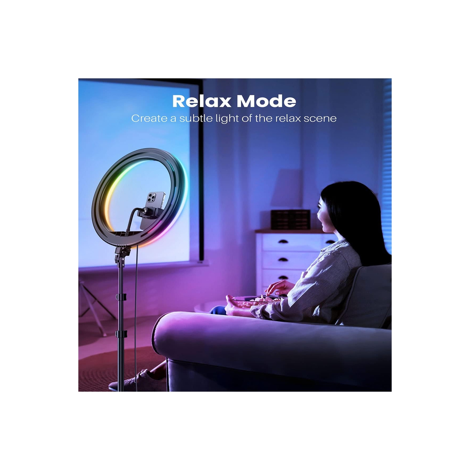 12" Ring Light with Stand 72" Tall & 2 Phone Holders,38 Color Modes Selfie LED Ring Light with Tripod Stand for iPhone/Android,Big Ring Light for