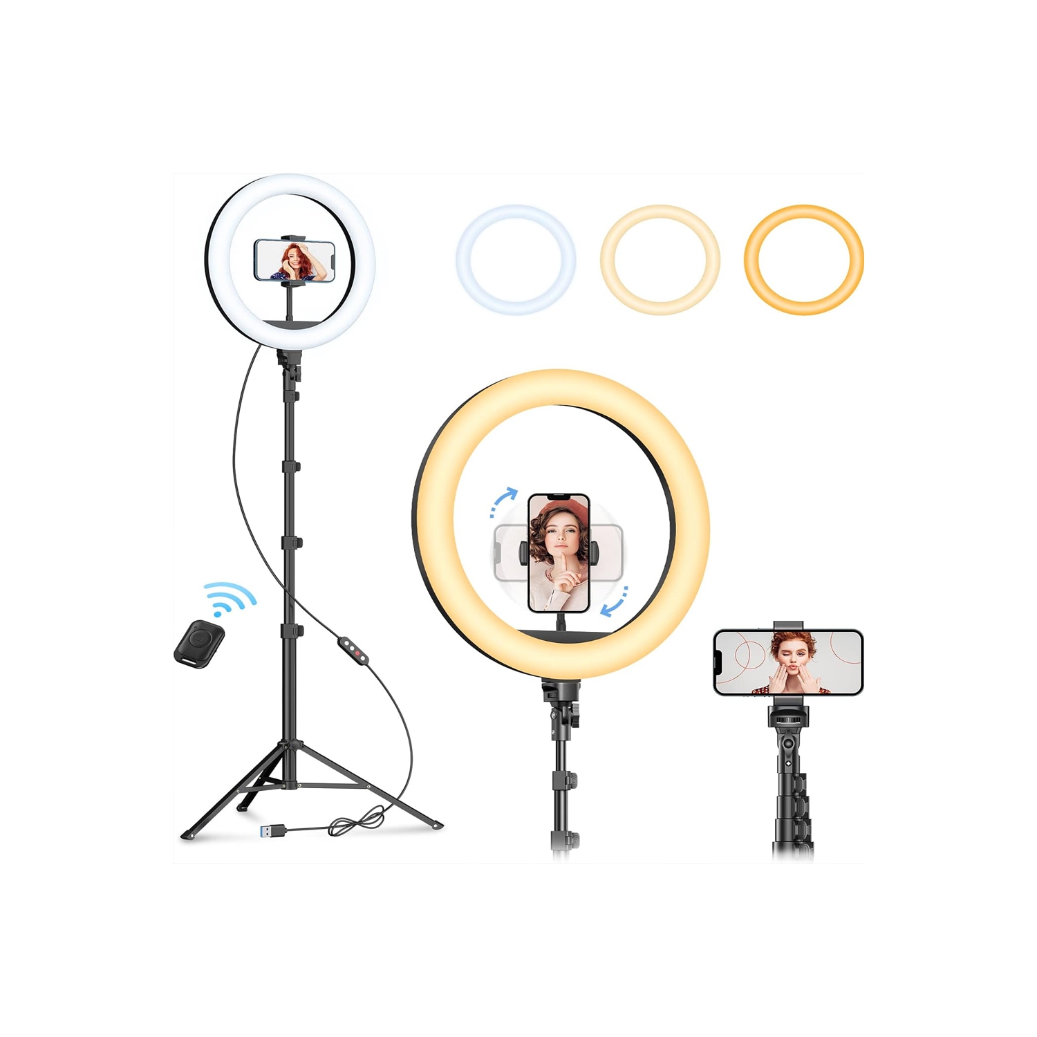 12" Selfie Ring Light with 63" Tripod Stand, Dimmable LED Ring Light with Phone Holder and Wireless Remote, [2-in-1] RGB & Selfie Stick for