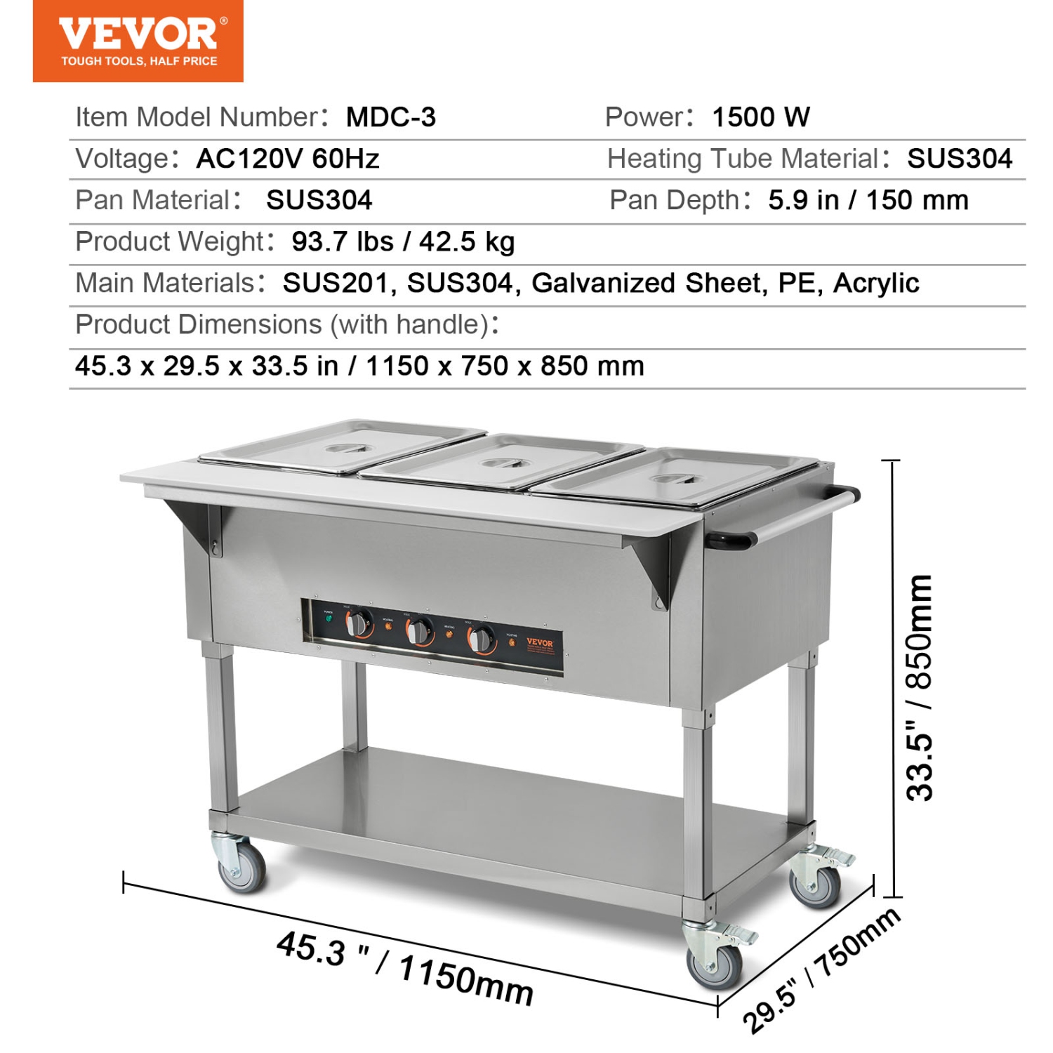 VEVOR 3-Pan Commercial Food Warmer, 3 x 20.6QT Electric Steam Table, 1500W Professional Buffet Catering Food Warmer with 4 Wheels, Food Grade