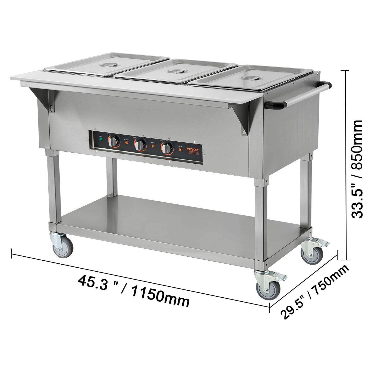 VEVOR 3-Pan Commercial Food Warmer, 3 x 20.6QT Electric Steam Table, 1500W Professional Buffet Catering Food Warmer with 4 Wheels, Food Grade
