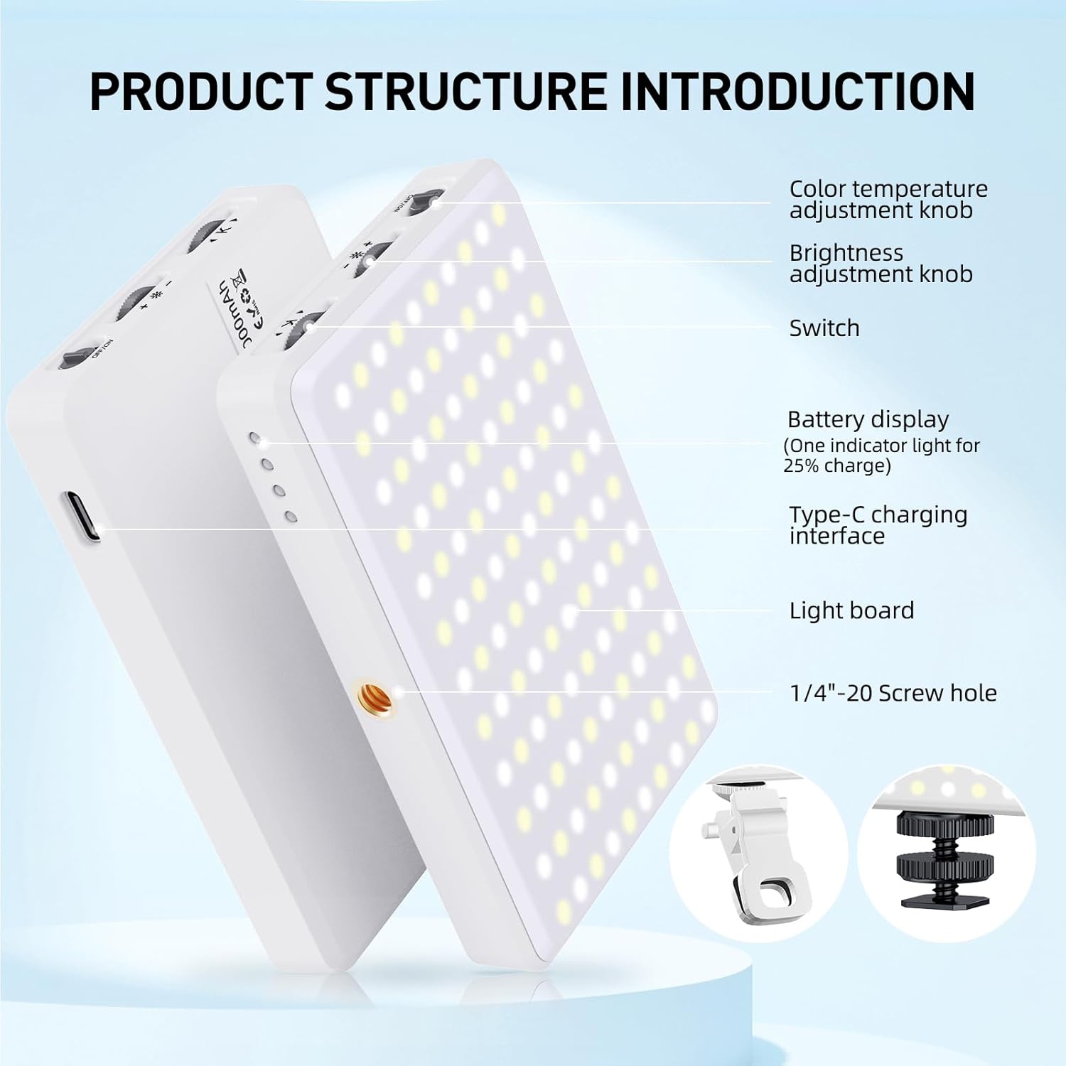 120 LED Phone Light, Selfie Light for iPhone, 5000Mah Rechargeable Clip Video Light for Phone, Camera, Laptop, iPad, Adjusted 3 Lights Modes for