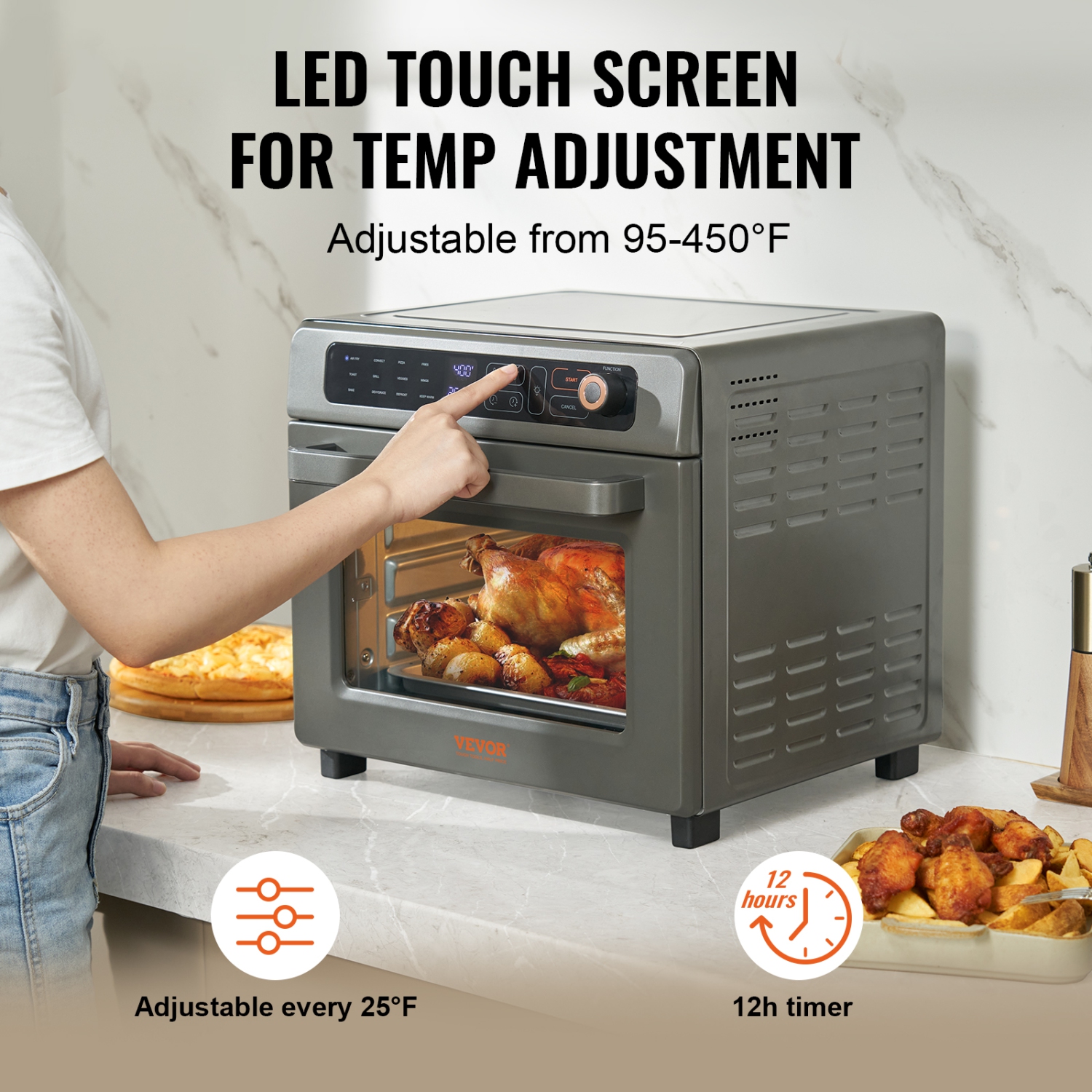 VEVOR 12-IN-1 Air Fryer Toaster Oven, 25L Convection Oven, 1700W Stainless Steel Toaster Ovens Countertop Combo with Grill, Pizza Pan, Gloves, 12