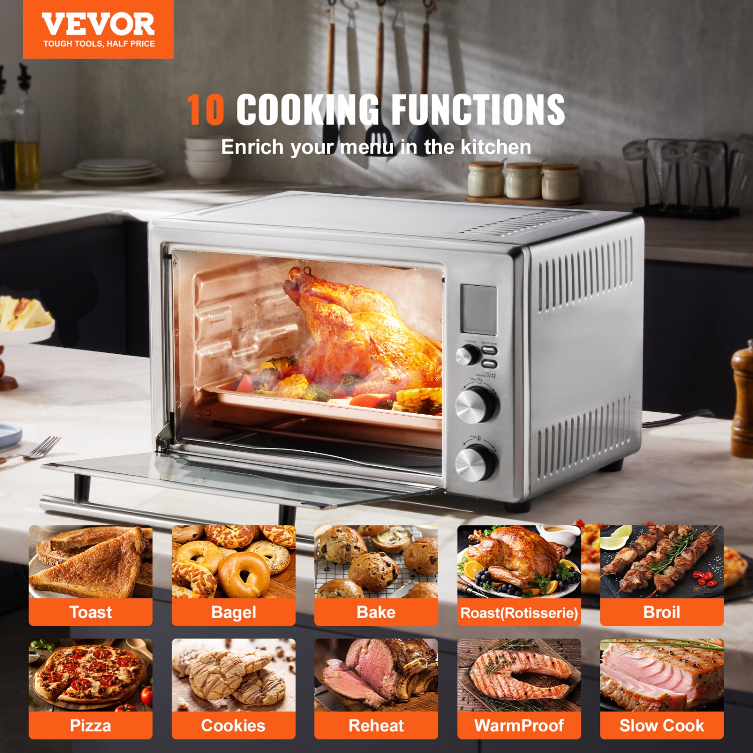 VEVOR 10-IN-1 Convection Oven, 28L/29.6Qt Multifunctional Conventional Oven Countertop, 1800W 4-Tier Toaster with Glass Door, with Trays Wire Racks