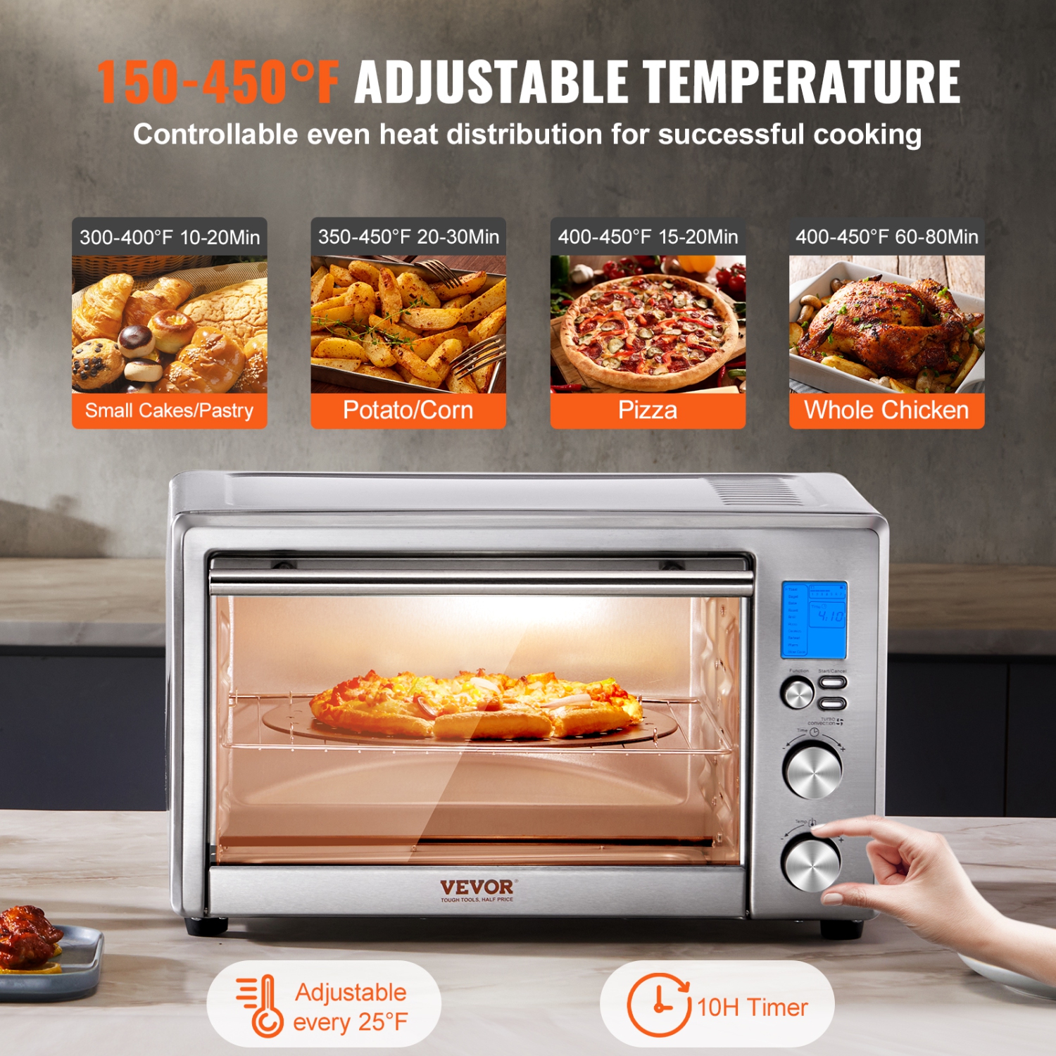 VEVOR 10-IN-1 Convection Oven, 28L/29.6Qt Multifunctional Conventional Oven Countertop, 1800W 4-Tier Toaster with Glass Door, with Trays Wire Racks