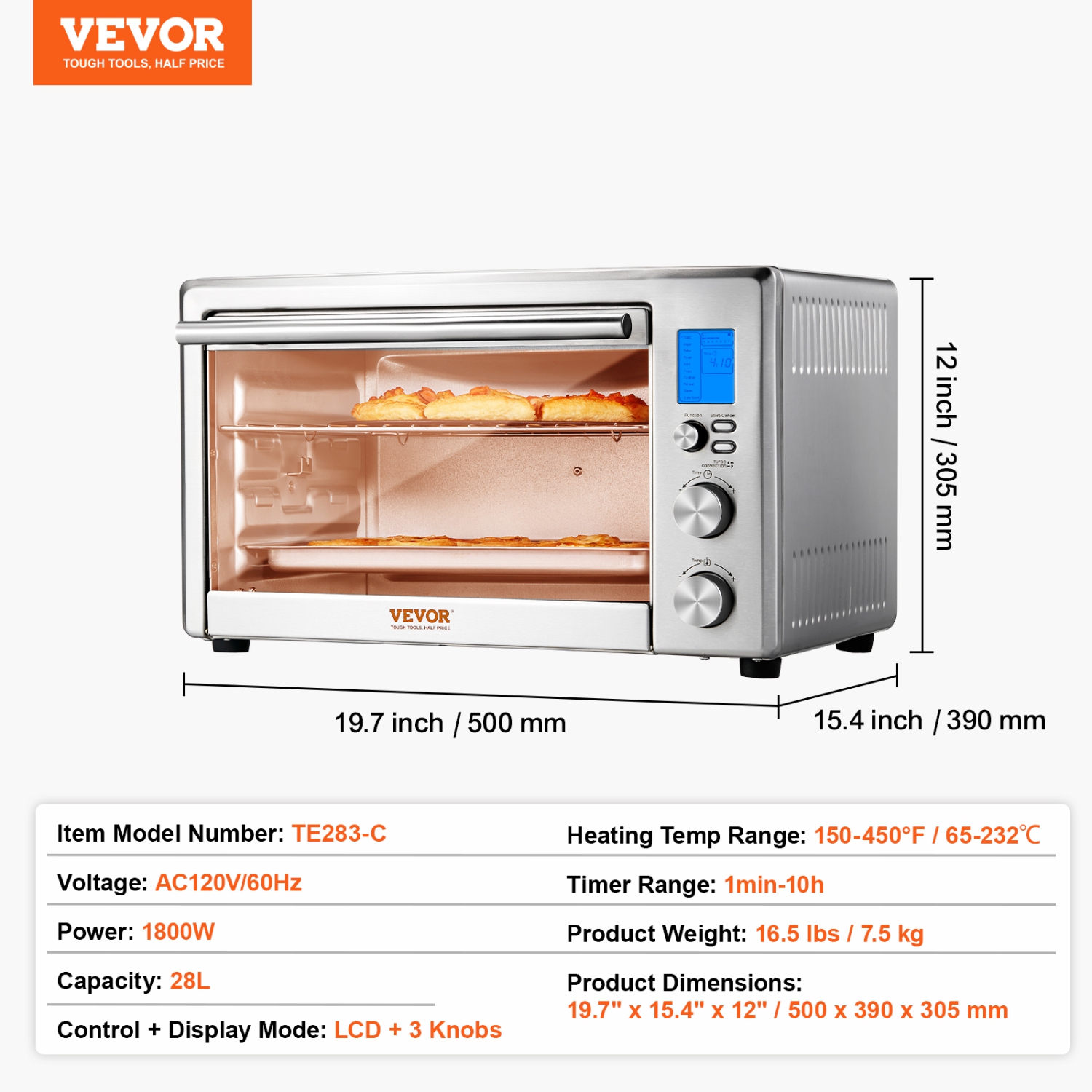 VEVOR 10-IN-1 Convection Oven, 28L/29.6Qt Multifunctional Conventional Oven Countertop, 1800W 4-Tier Toaster with Glass Door, with Trays Wire Racks