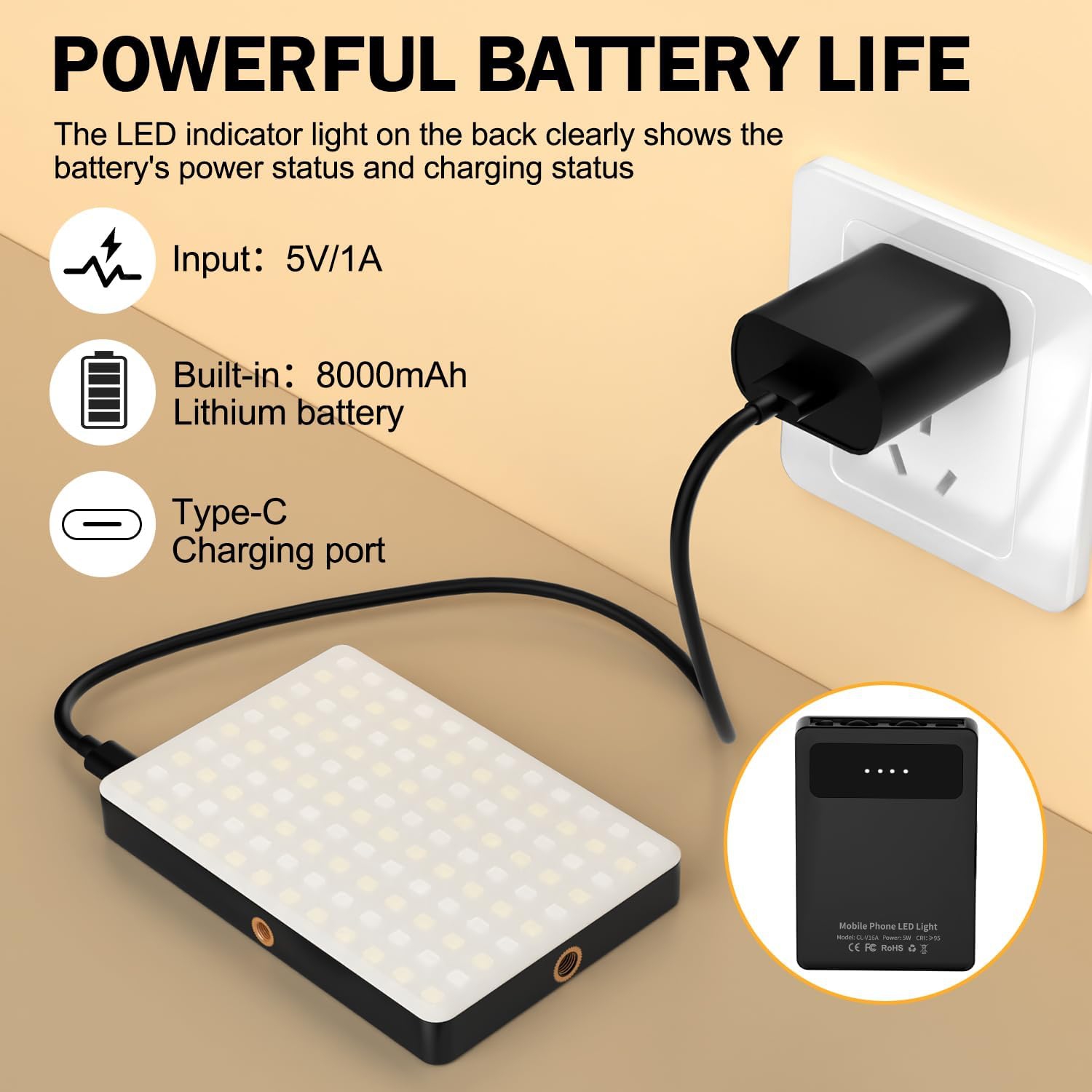 Lampe de téléphone, rechargeable 8000Mah, 3 modes d'éclairage réglables pour Android, iPad, portable, pour maquillage, TikTok, Vlog