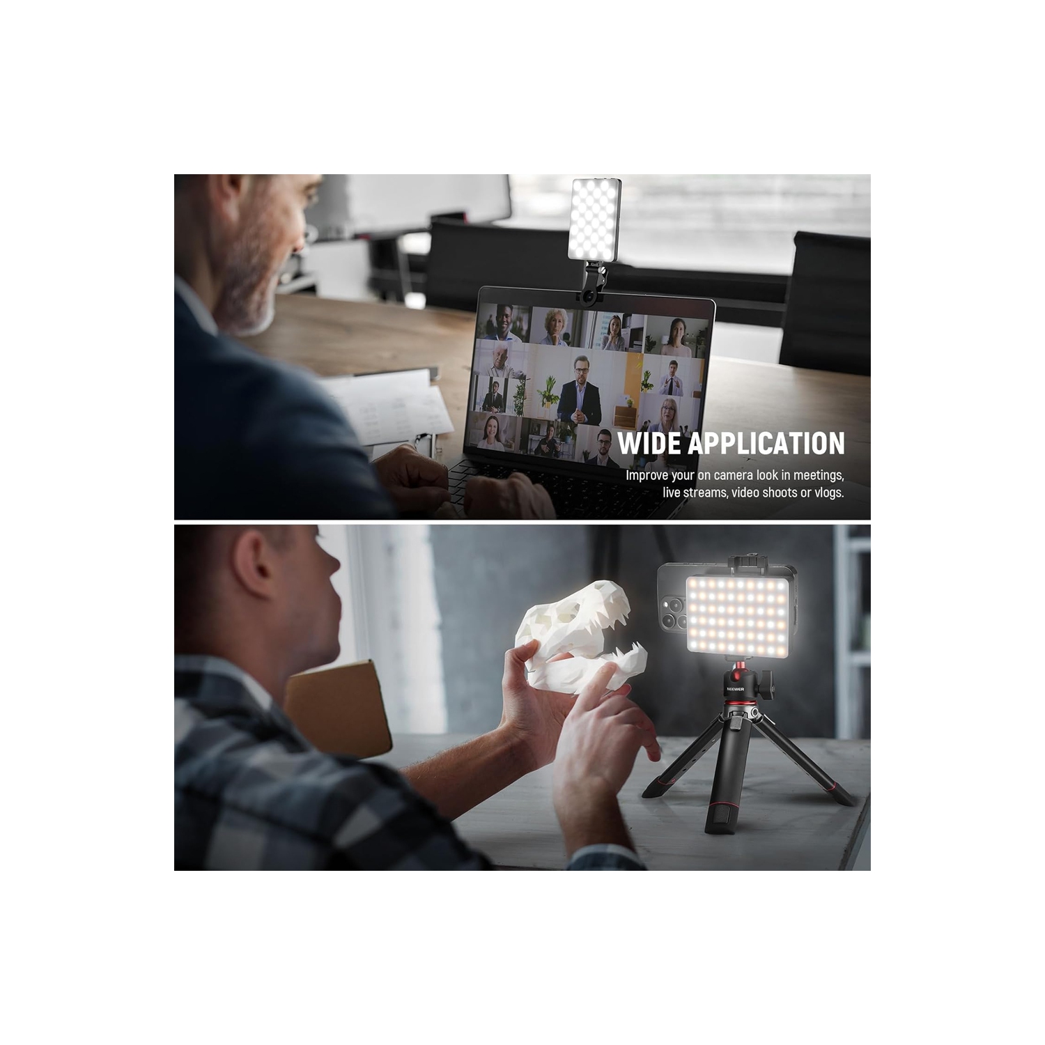 Basic Selfie Light with Front & Back Phone Clip, 60 LED 2000mAh Rechargeable CRI 95+, 3 Light Modes, Portable Clip on Light for Phone/Tablet/Laptop