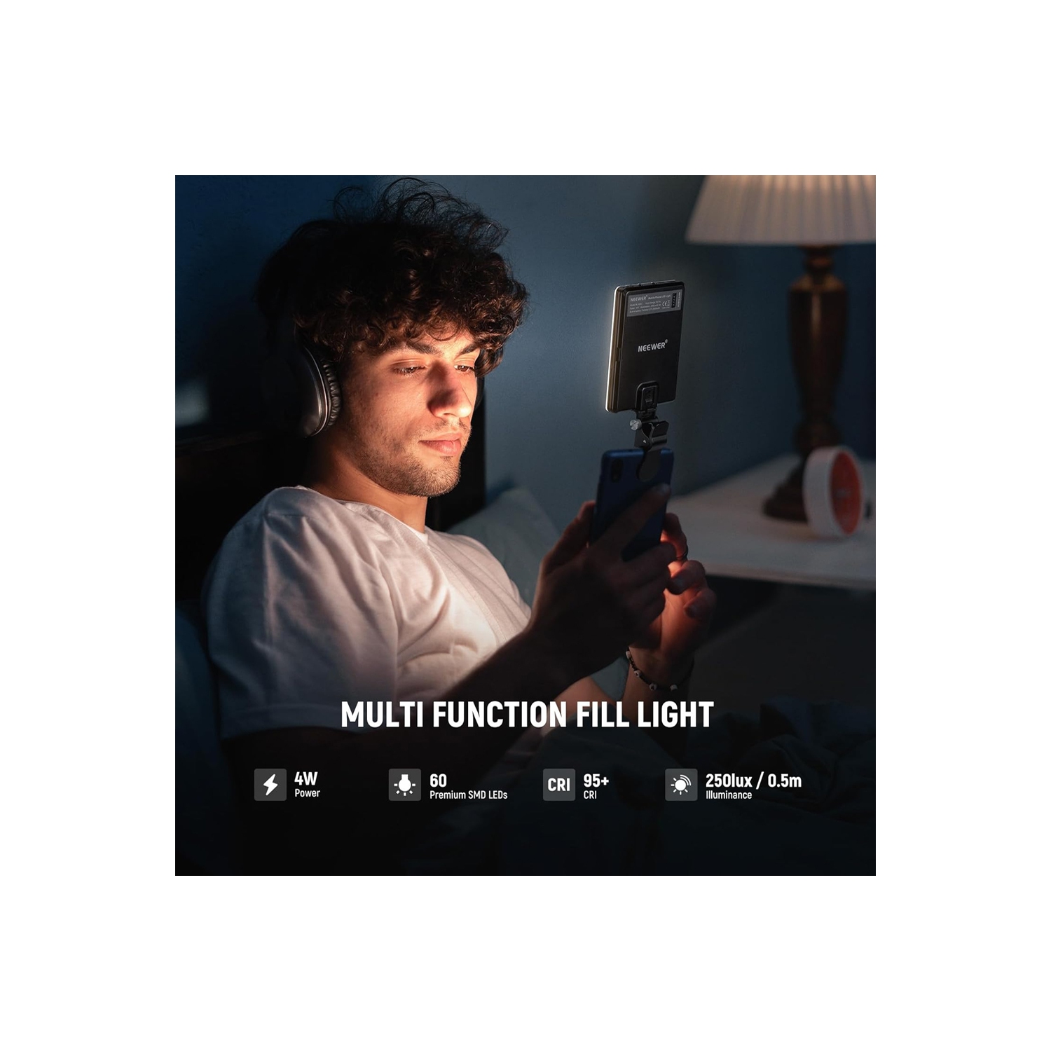 Basic Selfie Light with Front & Back Phone Clip, 60 LED 2000mAh Rechargeable CRI 95+, 3 Light Modes, Portable Clip on Light for Phone/Tablet/Laptop