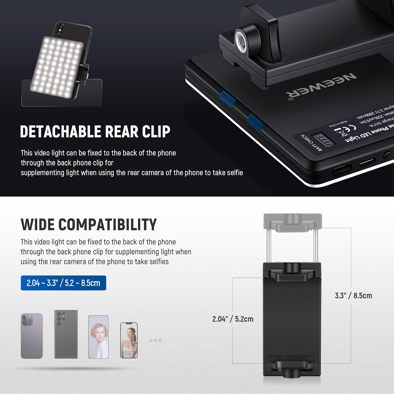 Basic Selfie Light with Front & Back Phone Clip, 60 LED 2000mAh Rechargeable CRI 95+, 3 Light Modes, Portable Clip on Light for Phone/Tablet/Laptop