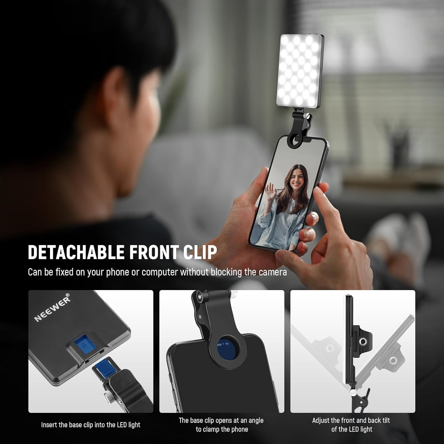 Basic Selfie Light with Front & Back Phone Clip, 60 LED 2000mAh Rechargeable CRI 95+, 3 Light Modes, Portable Clip on Light for Phone/Tablet/Laptop