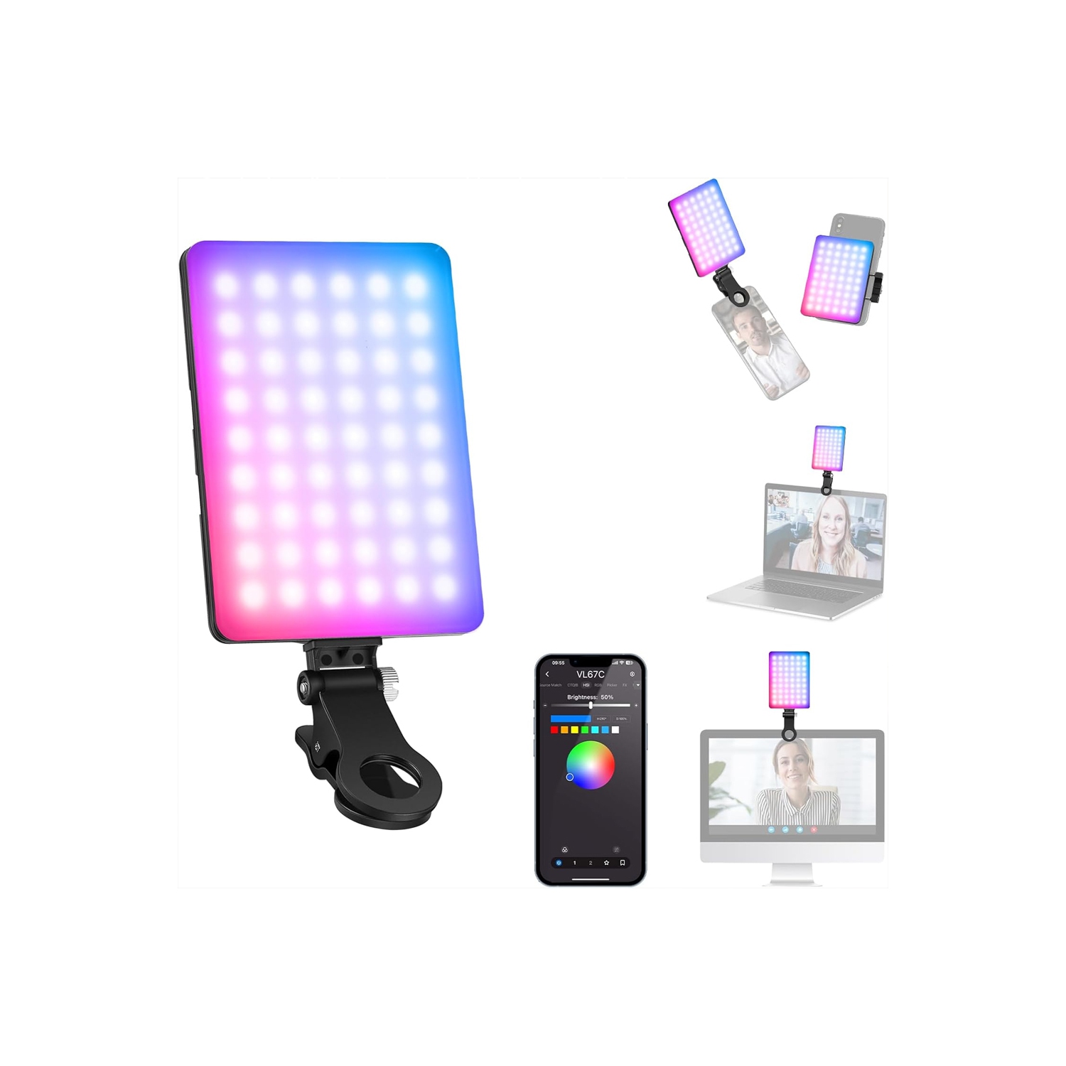 VL67C RGB Selfie Light with APP Control, 94 LED CRI97 2000mAh Rechargeable, Cold Shoe Mount as Camera Light, Portable Front & Back Phone Clip for