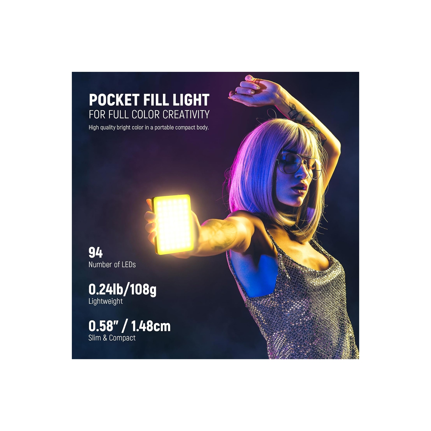 VL67C RGB Selfie Light with APP Control, 94 LED CRI97 2000mAh Rechargeable, Cold Shoe Mount as Camera Light, Portable Front & Back Phone Clip for