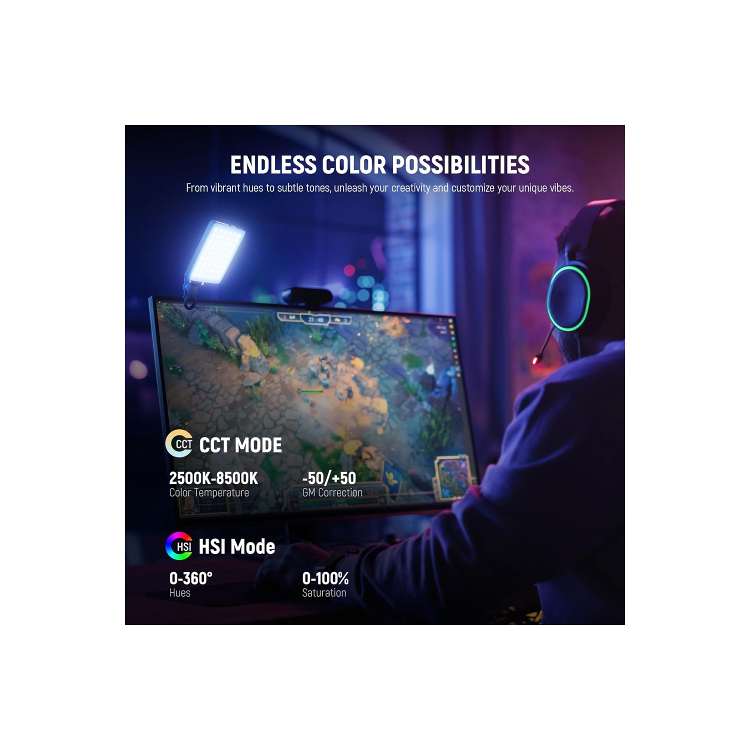 VL67C RGB Selfie Light with APP Control, 94 LED CRI97 2000mAh Rechargeable, Cold Shoe Mount as Camera Light, Portable Front & Back Phone Clip for