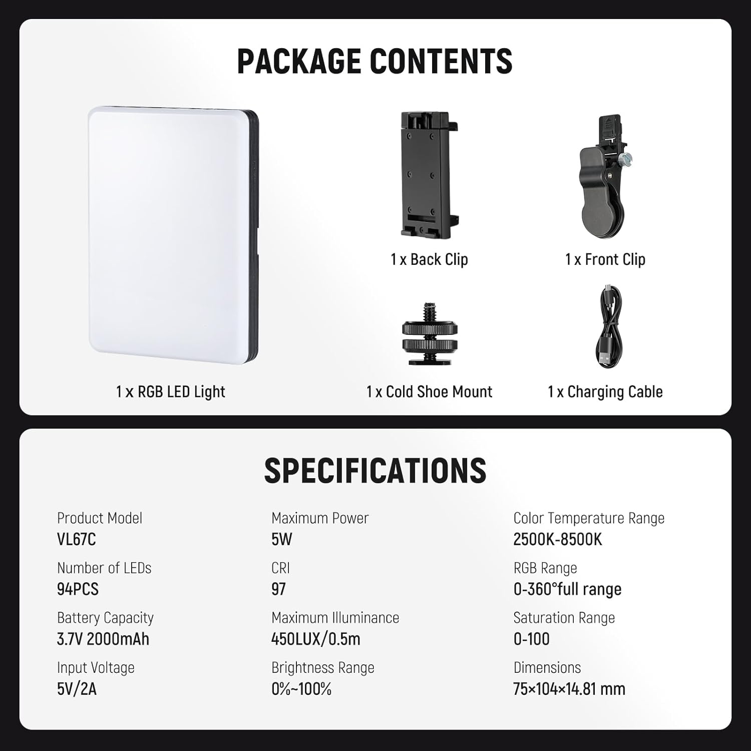 VL67C RGB Selfie Light with APP Control, 94 LED CRI97 2000mAh Rechargeable, Cold Shoe Mount as Camera Light, Portable Front & Back Phone Clip for