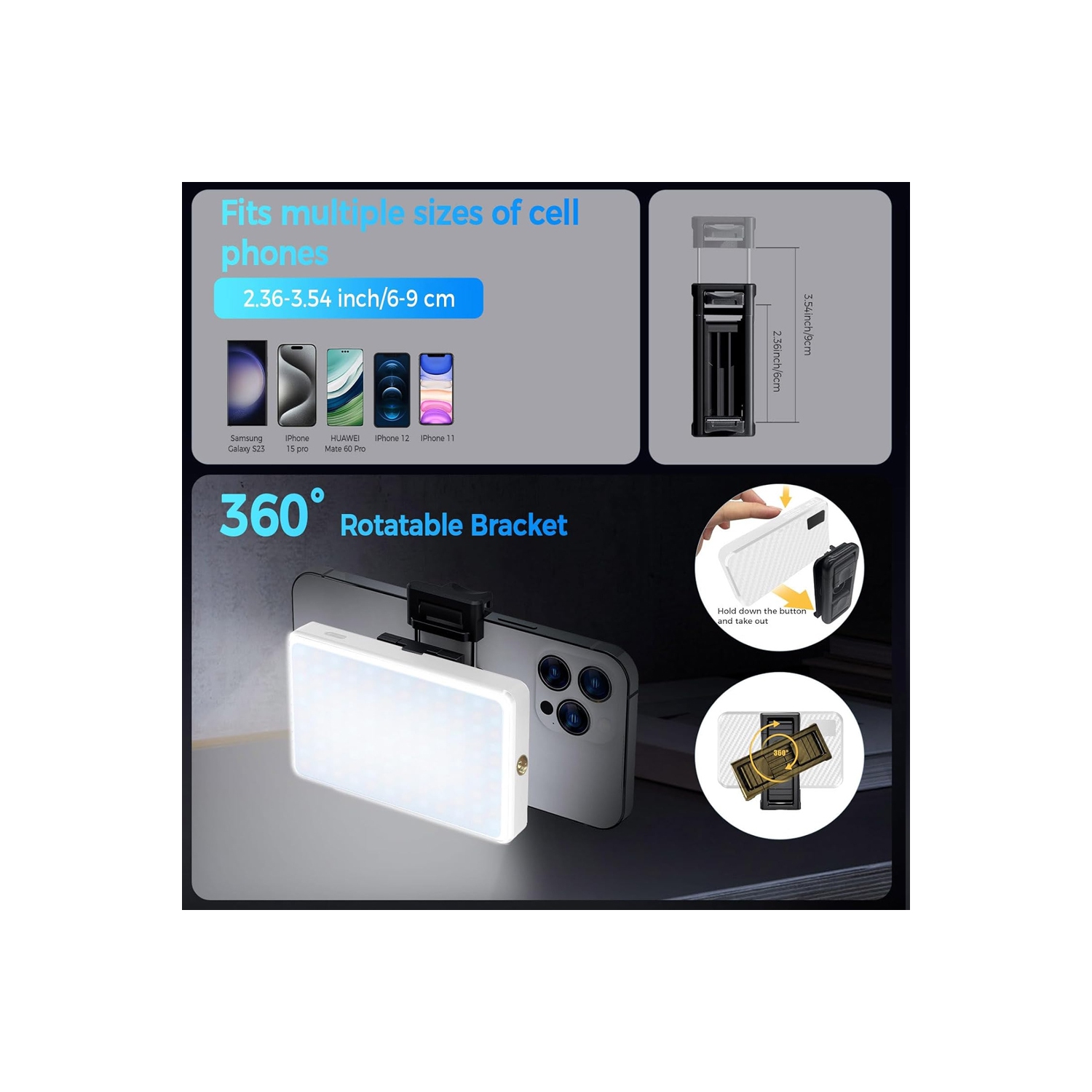 Lampe à égoportrait rechargeable de 168 LED et pince de téléphone pour iPhone, lampe de téléphone avec luminosité réglable, idéale pour les