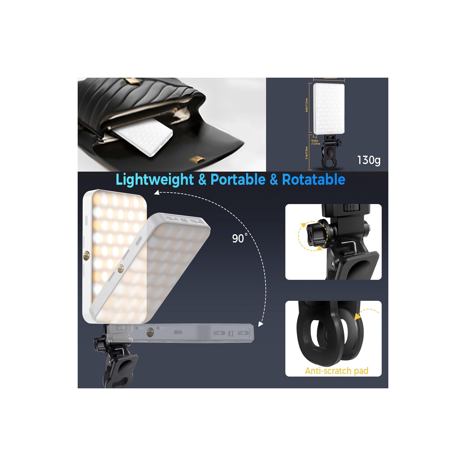 Lampe à égoportrait rechargeable de 168 LED et pince de téléphone pour iPhone, lampe de téléphone avec luminosité réglable, idéale pour les