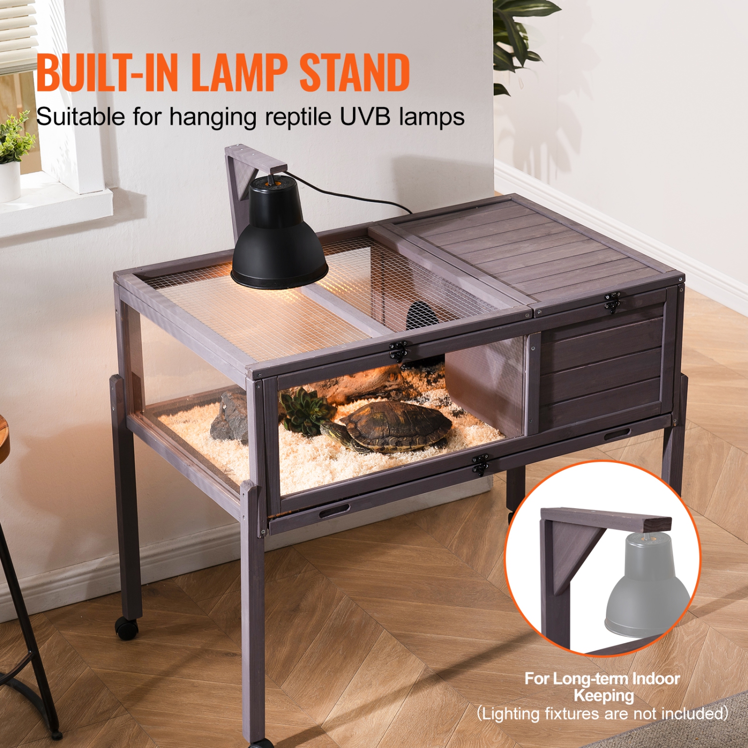 VEVOR Tortoise Habitat, Wooden Tortoise House Indoor & Outdoor, Rolling Tortoise Enclosure with Light Stand, Reptile Enclosure Small Animal Cage with