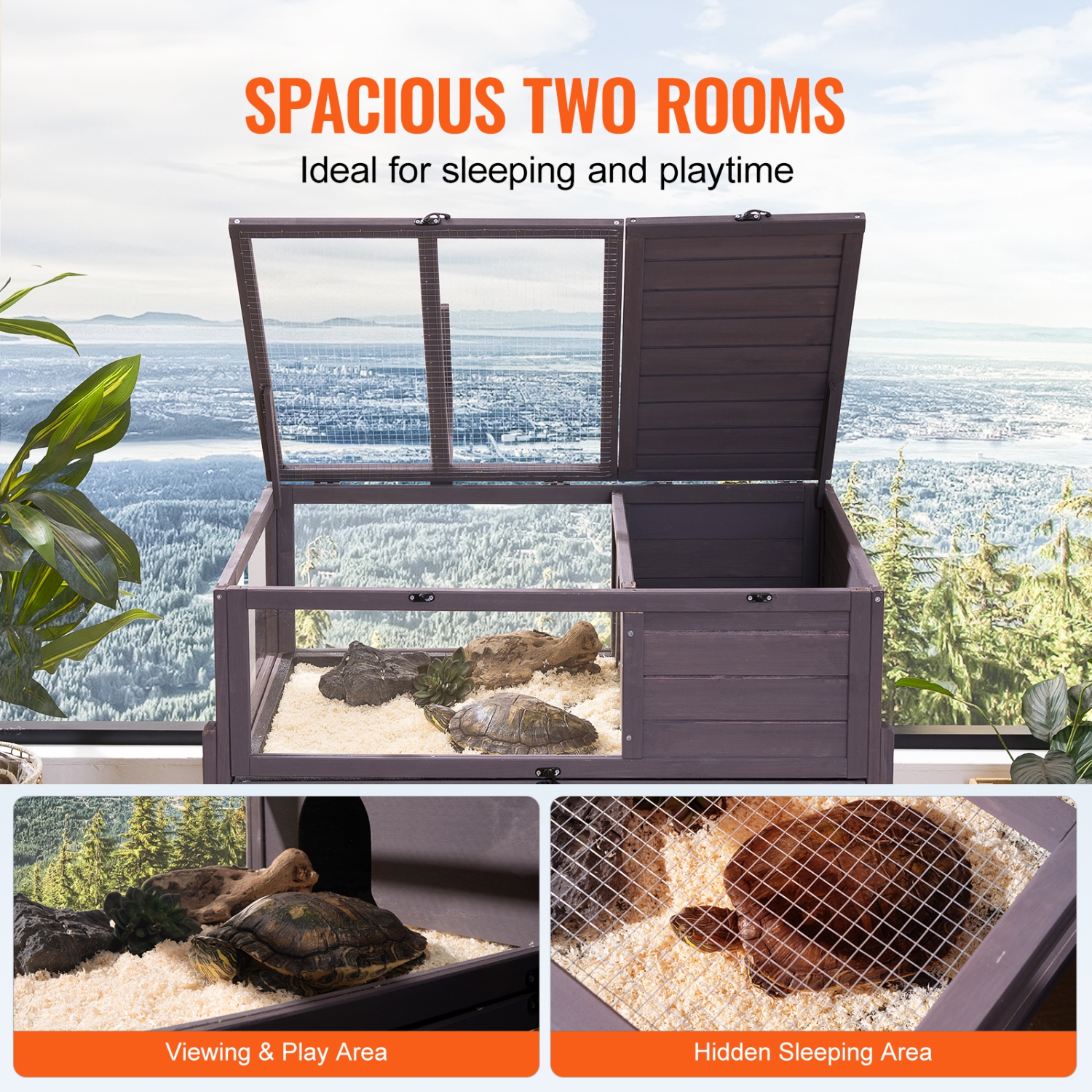 VEVOR Tortoise Habitat, Wooden Tortoise House Indoor & Outdoor, Rolling Tortoise Enclosure with Light Stand, Reptile Enclosure Small Animal Cage with