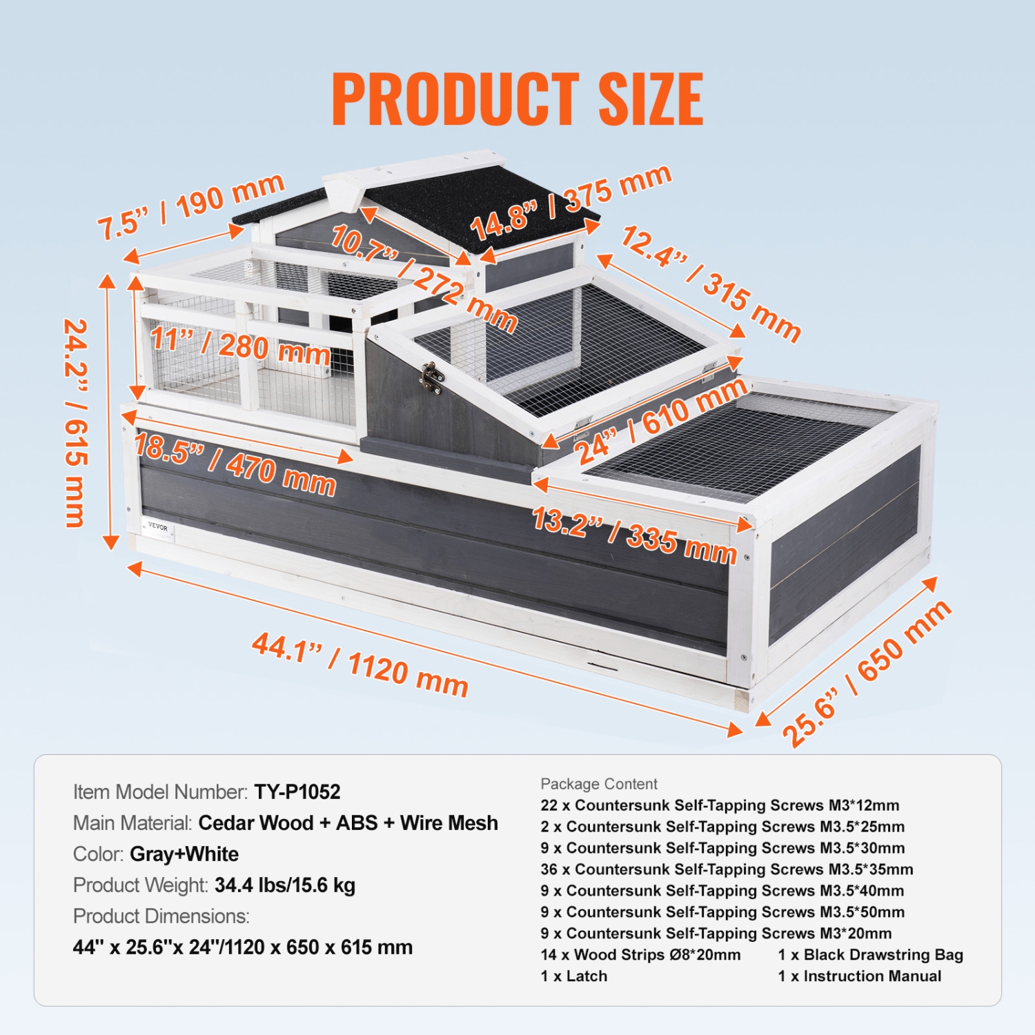 VEVOR 44"x25.6"x24" 3-Room Tortoise House,Tortoise Habitat with Balcony & 2 Stories, Wooden Tortoise Enclosure Indoor & Outdoor with Ramp, Tray,