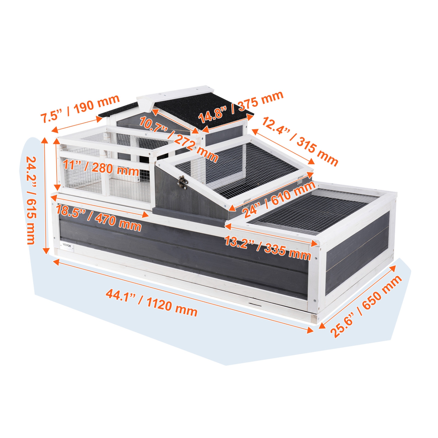 VEVOR 44"x25.6"x24" 3-Room Tortoise House,Tortoise Habitat with Balcony & 2 Stories, Wooden Tortoise Enclosure Indoor & Outdoor with Ramp, Tray,