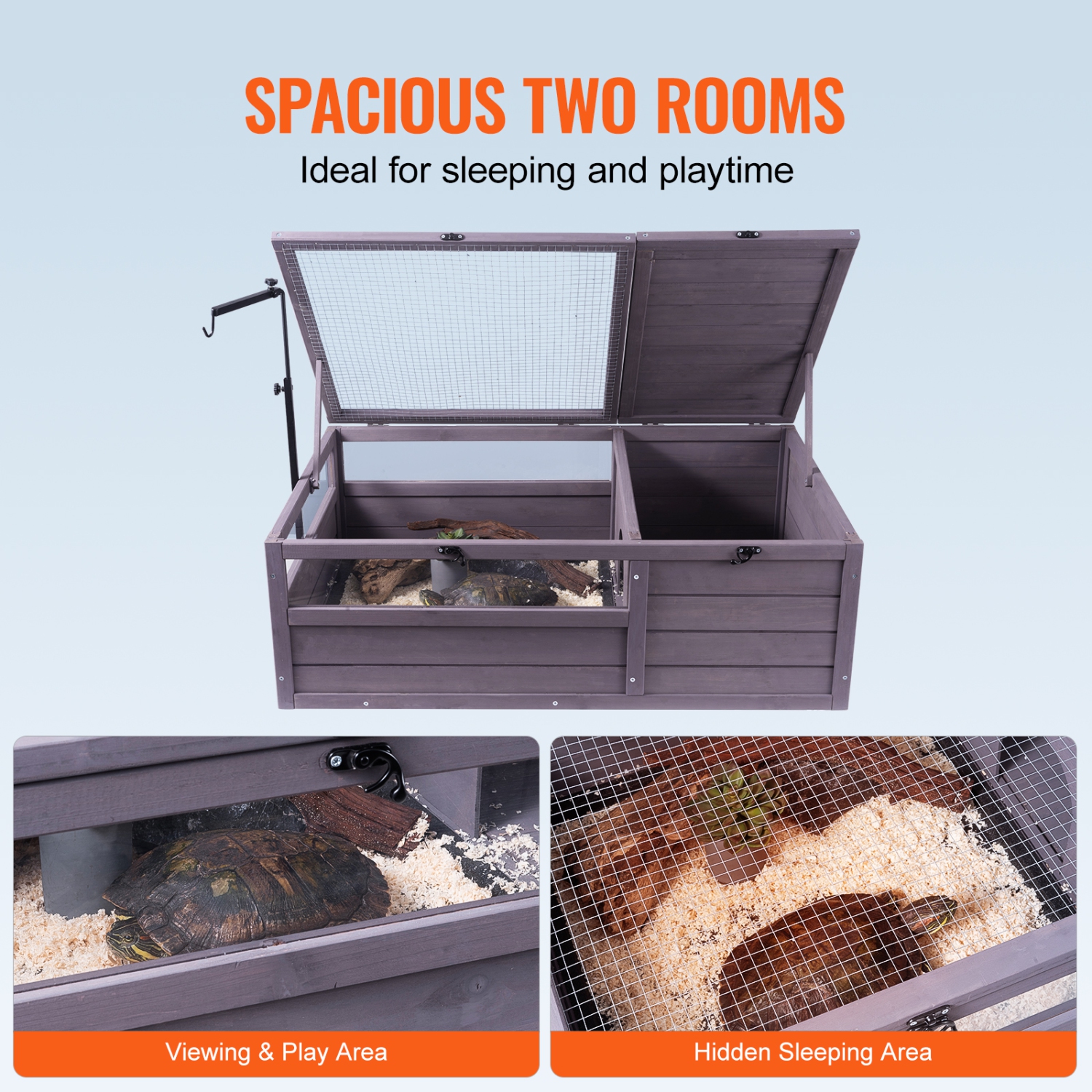 VEVOR 38x24x13 inch Tortoise Habitat, Wooden Tortoise House Indoor & Outdoor, Tortoise Enclosure with Adjustable Lamp Holder, 2-Room Reptile