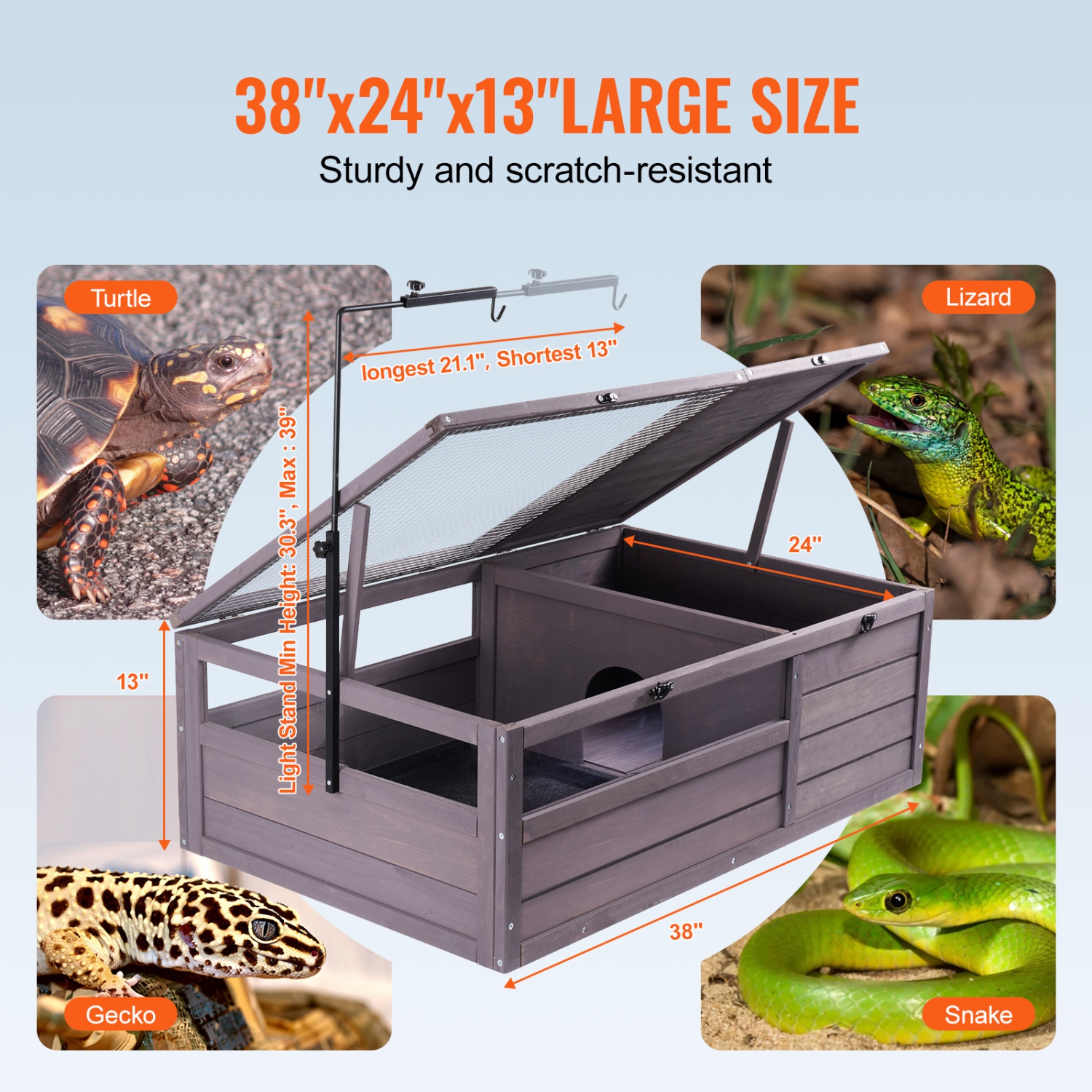 VEVOR 38x24x13 inch Tortoise Habitat, Wooden Tortoise House Indoor & Outdoor, Tortoise Enclosure with Adjustable Lamp Holder, 2-Room Reptile