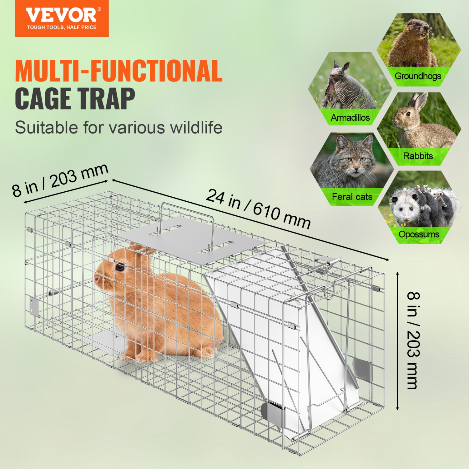 Piège à cage pour animaux VEVOR Live, 24 x 8 x 8&nbsp;po, fer galvanisé Humane Cat Trap, piège à animaux pliant avec poignée pour lapins, chats