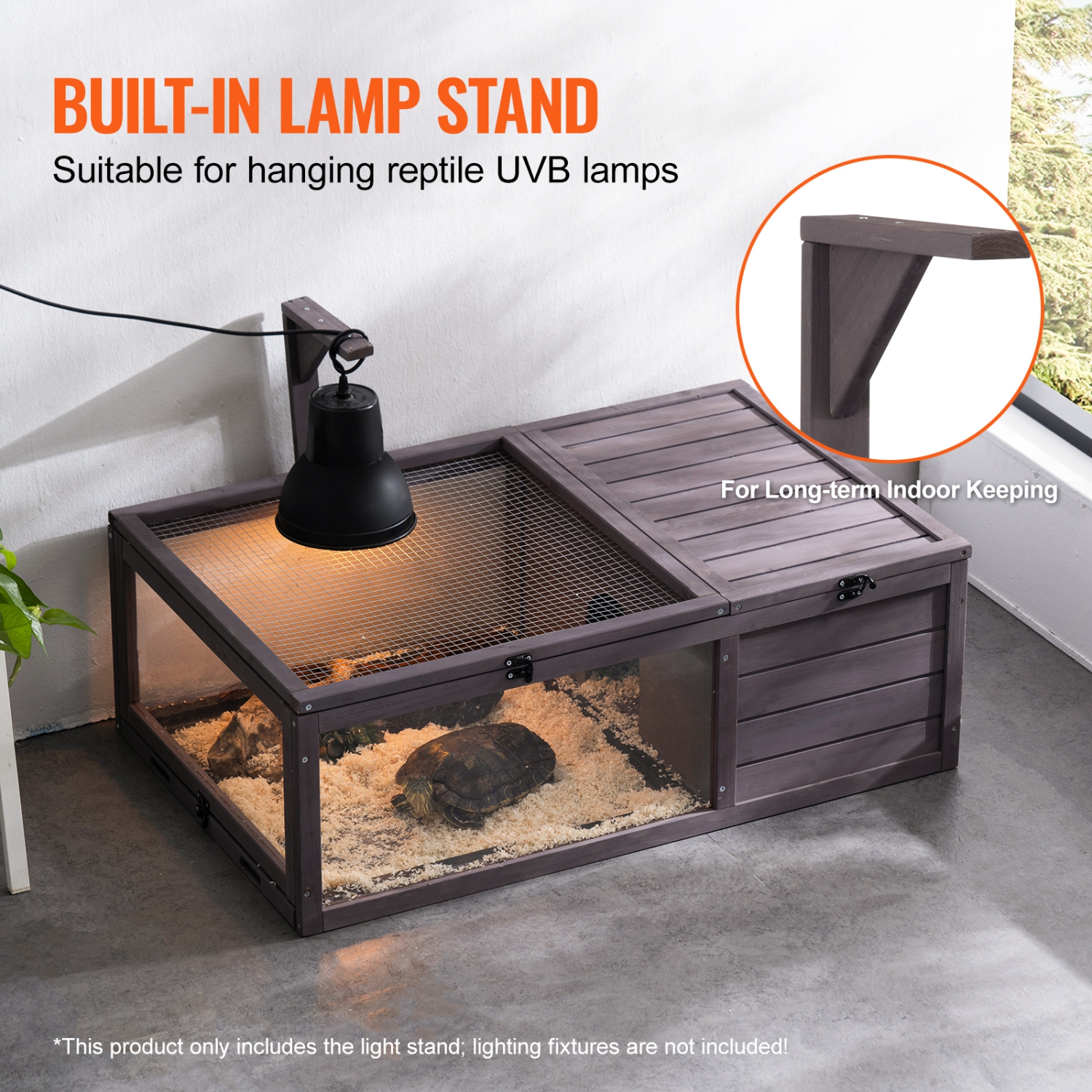 VEVOR 38 x24 x13 inch Tortoise Habitat, Wooden Tortoise House Indoor & Outdoor, Tortoise Enclosure with Hanging Light Stand, 2-Room Reptile Enclosure
