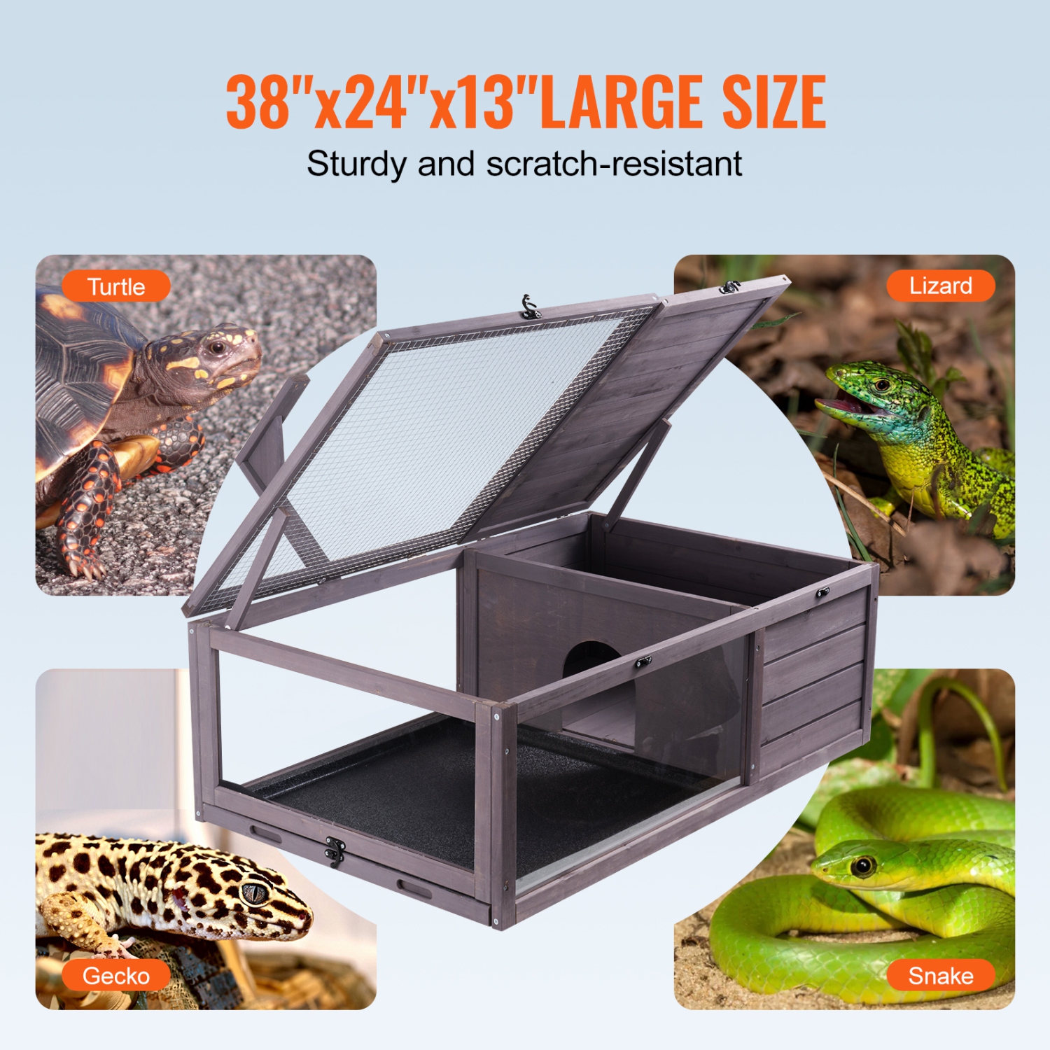 VEVOR 38 x24 x13 inch Tortoise Habitat, Wooden Tortoise House Indoor & Outdoor, Tortoise Enclosure with Hanging Light Stand, 2-Room Reptile Enclosure