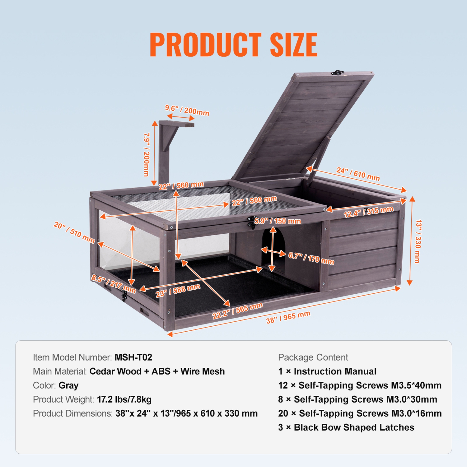 VEVOR 38 x24 x13 inch Tortoise Habitat, Wooden Tortoise House Indoor & Outdoor, Tortoise Enclosure with Hanging Light Stand, 2-Room Reptile Enclosure