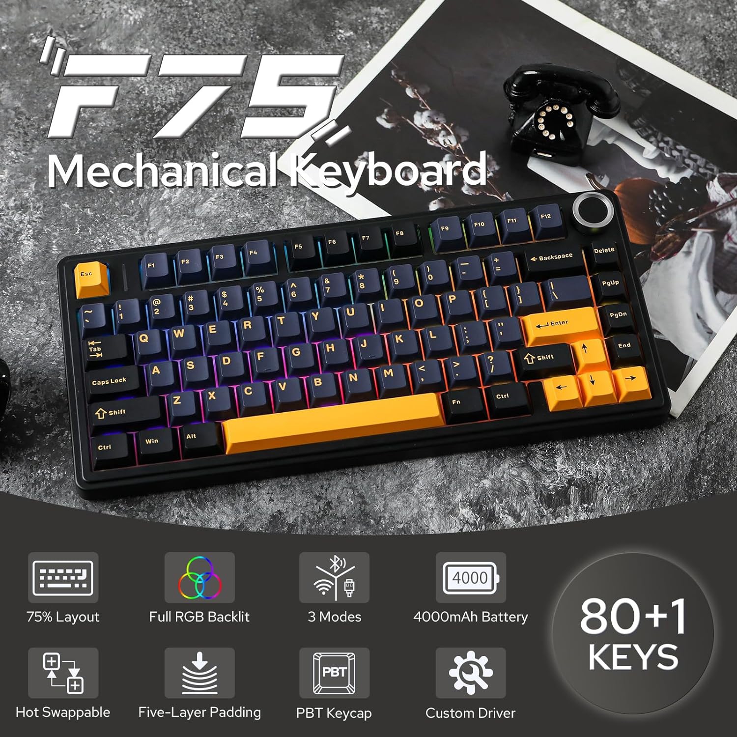 Mechanical Keyboard, 75% Wireless Hot Swappable Gaming Keyboard with Five-Layer Pad and Knob, Bluetooth/2.4GHz/USB-C, RGB Black