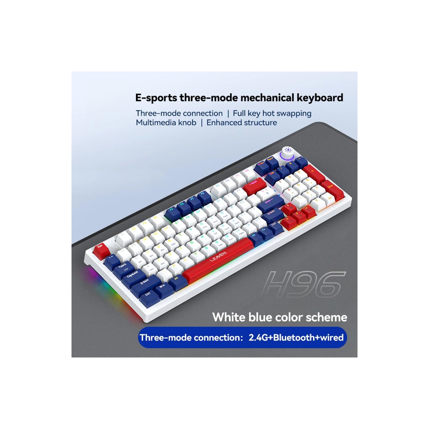 Mechanical Keyboard Gaming Keyboard Wireless 96-Key Hot-Swap Bluetooth Keyboard 5.0/2.4G/Wired with Keycap Puller Blue, White and Red