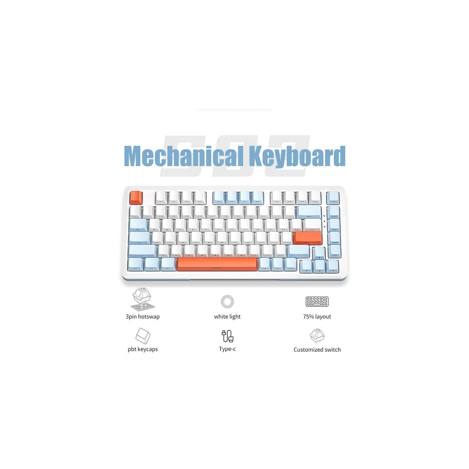 Side Engraved Glacier Orange [Wired] White Light - Gaming Silver Axis LED Backlight Gaming Mechanical Keyboard