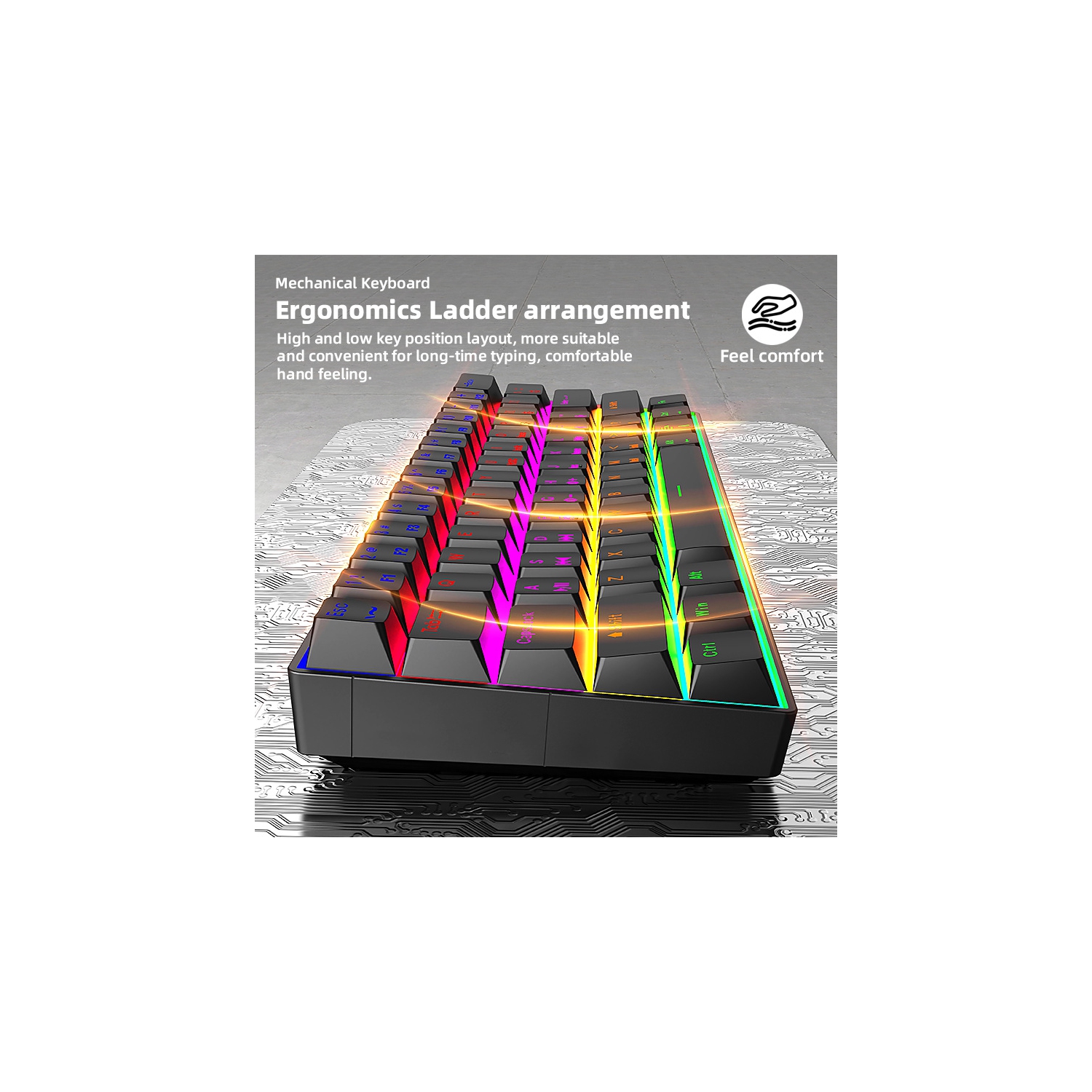 Mechanical Keyboard 61-key Blue Switch-White-Rainbow Light-ABS Keycaps-Wired