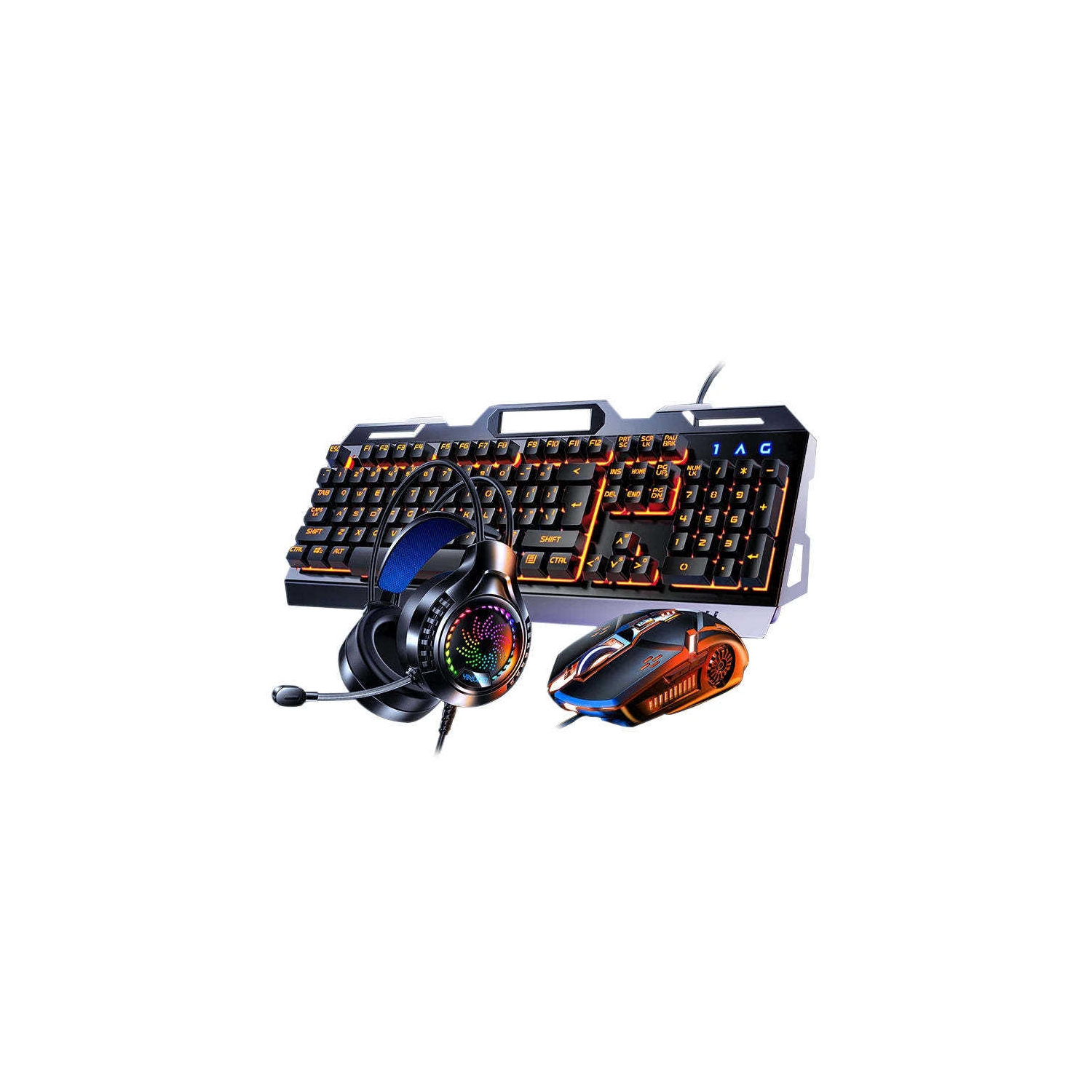 Mechanical feel metal wired keyboard [Black orange light-wired keyboard + mouse + headset]