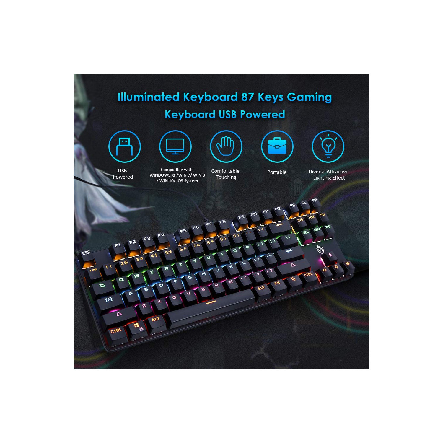 Mechanical keyboard 87 keys wired USB gaming e-sports mechanical keyboard blue axis-black