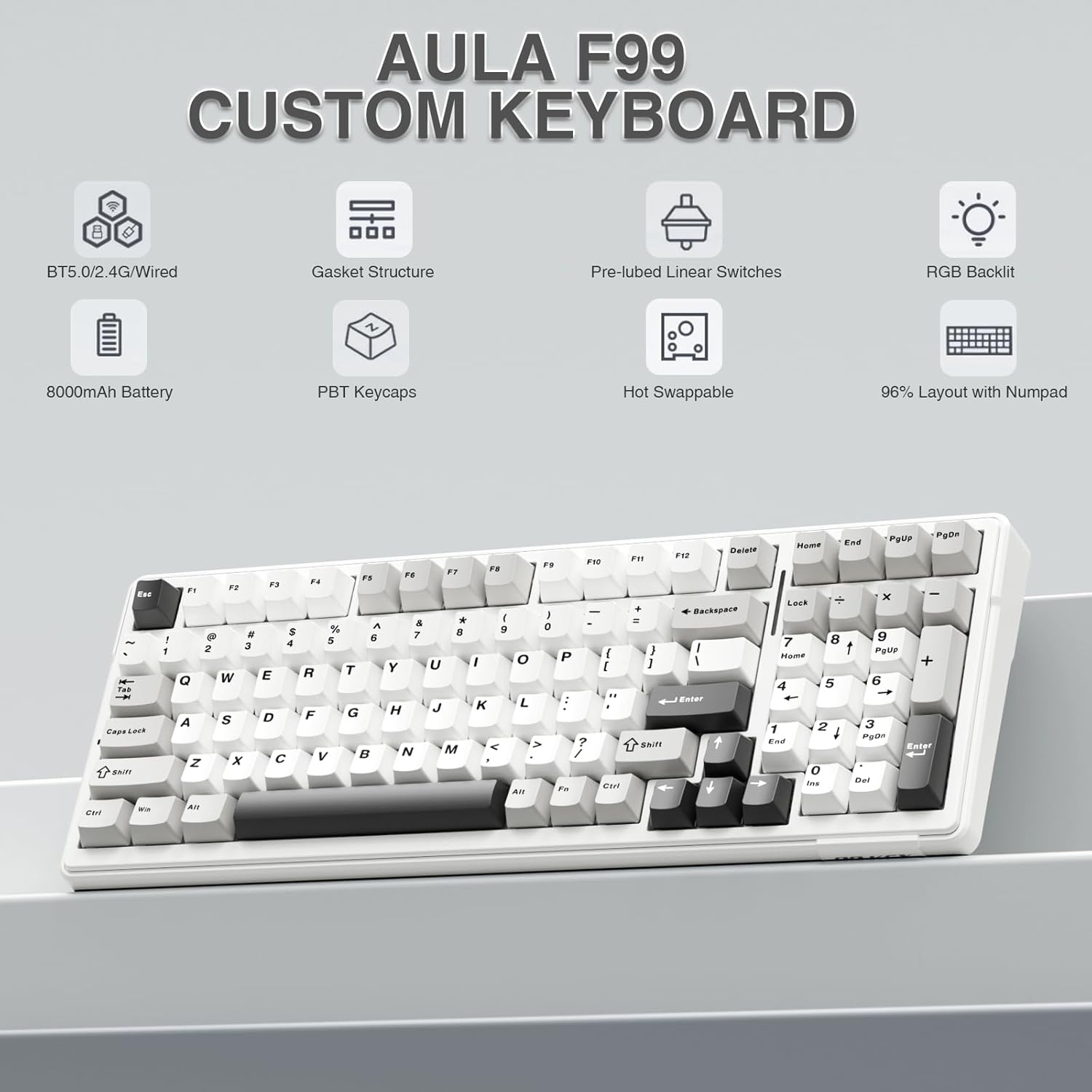 Wireless mechanical keyboard, Tri-mode BT5.0/2.4GHz/USB-C hot-swappable custom keyboard, Pre-lubricated linear switches, Gasket structure, RGB