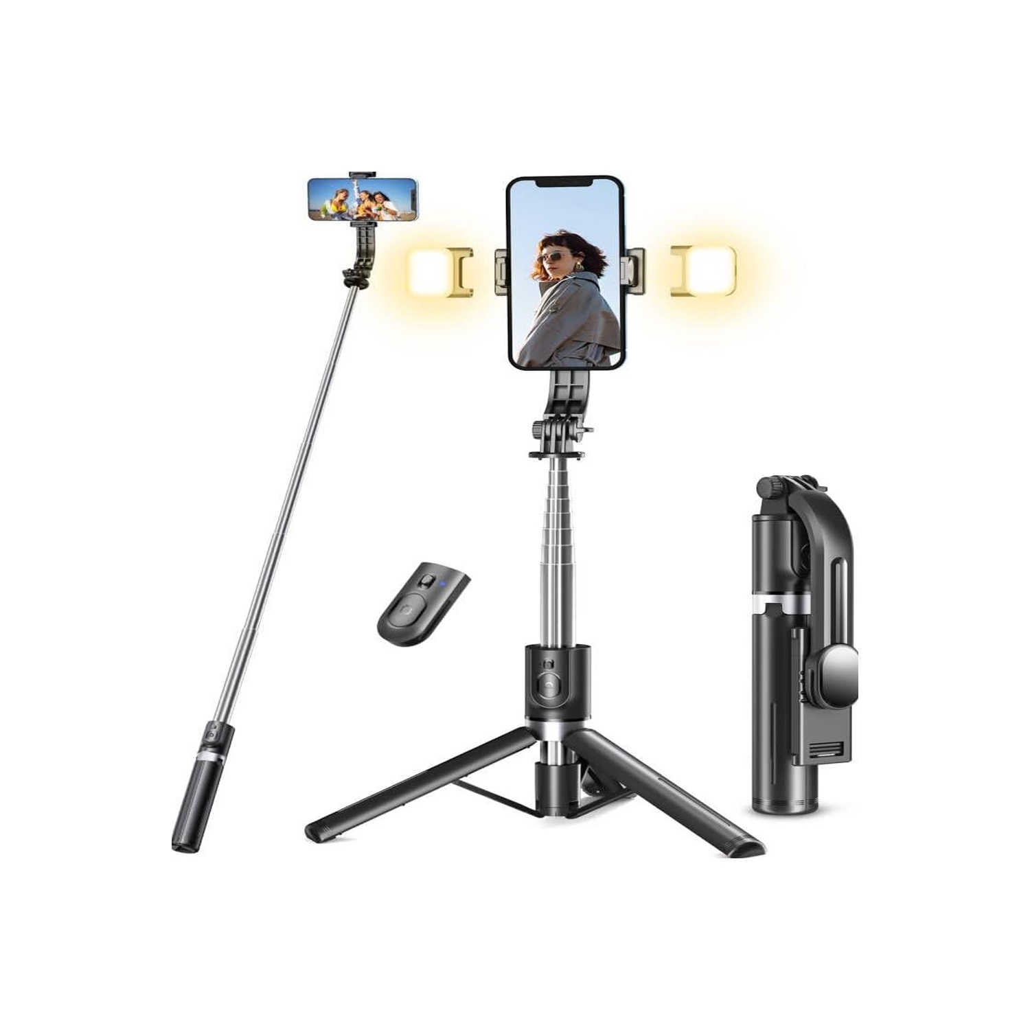 Tripod with Light, 45" Selfie Stick with Wireless Remote, Portable Phone Tripod Compatible with iPhone 16/15 Pro Max/15/14 Pro/14/13, Samsung S22/