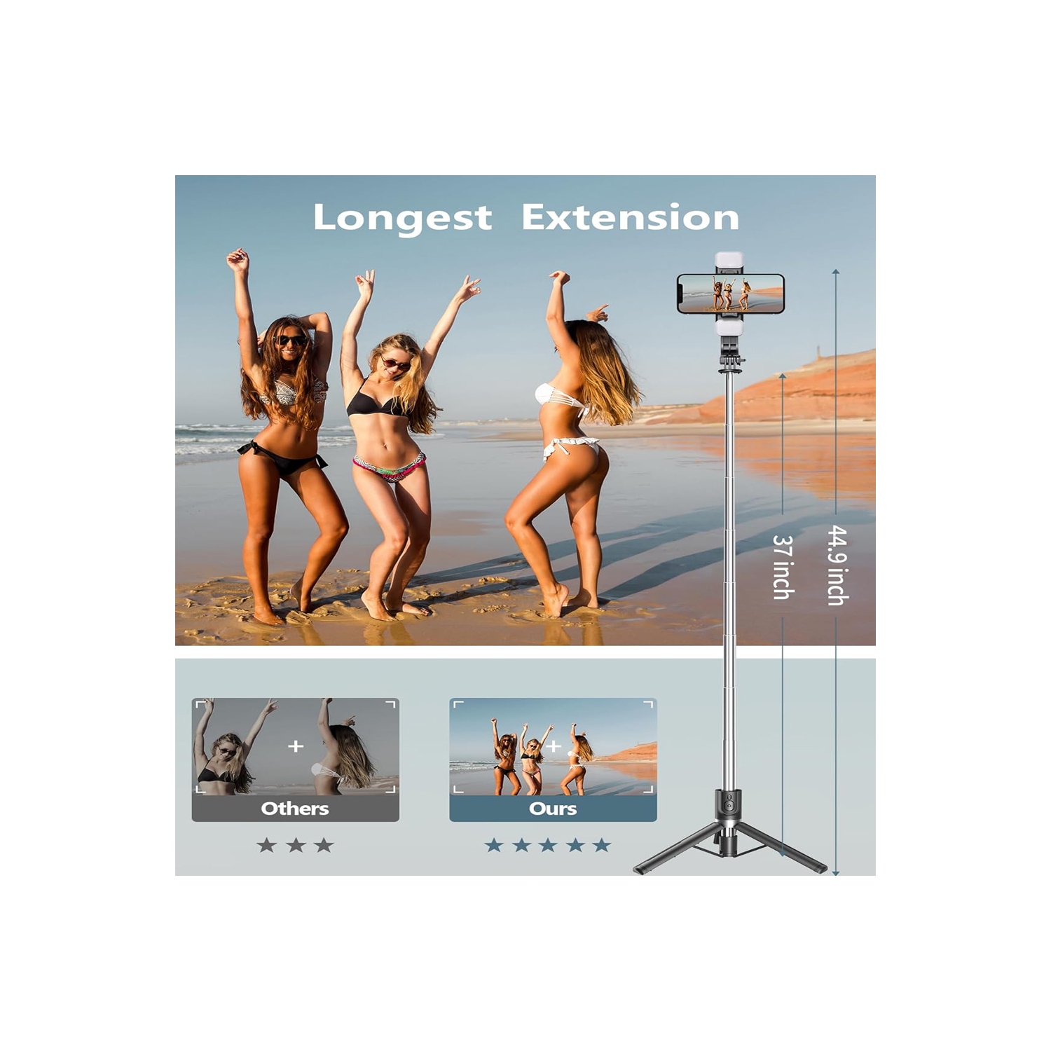 Tripod with Light, 45" Selfie Stick with Wireless Remote, Portable Phone Tripod Compatible with iPhone 16/15 Pro Max/15/14 Pro/14/13, Samsung S22/