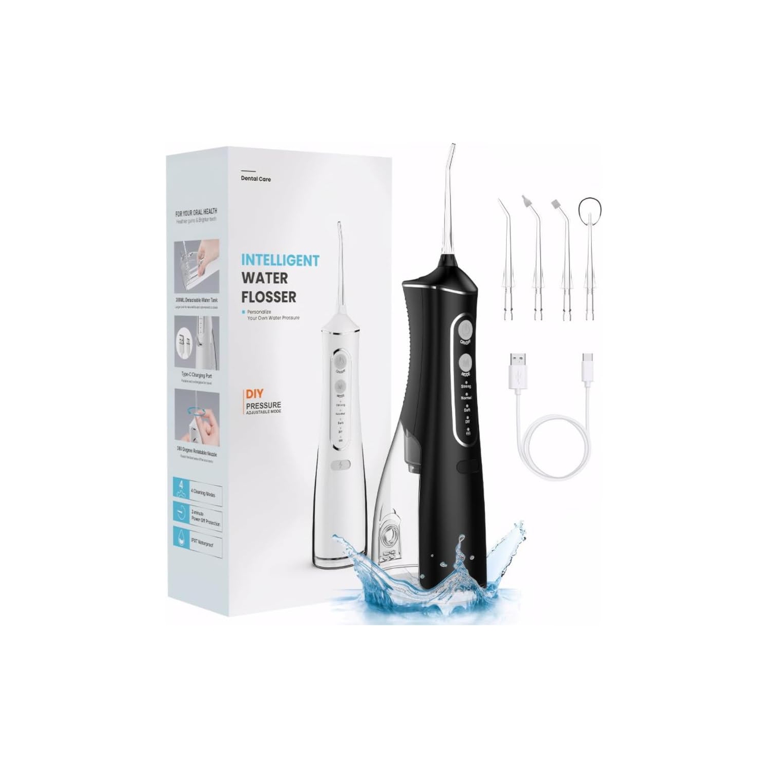 Professional Wireless IPX7 Waterproof Oral Flosser - 4 Modes, 1400-1800 Pulses/Minute, 300ml Water Tank, 4 Nozzles for Braces and Sensitive Teeth (Night Black)