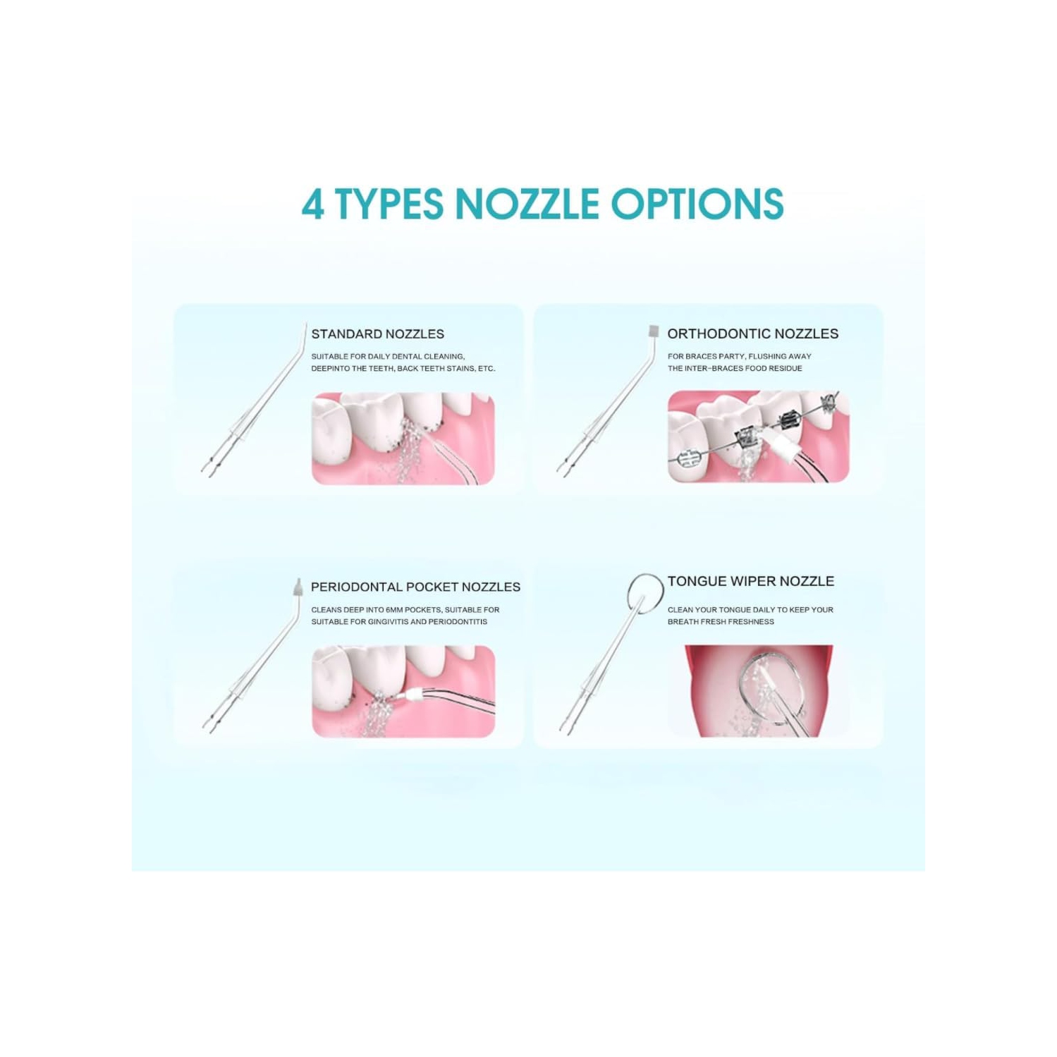 Hydropulseur buccal étanche professionnel sans fil IPX7 - 4 modes, 1400-1800 pulsations/minute, réservoir d'eau 300 ml, 4 buses pour broches et