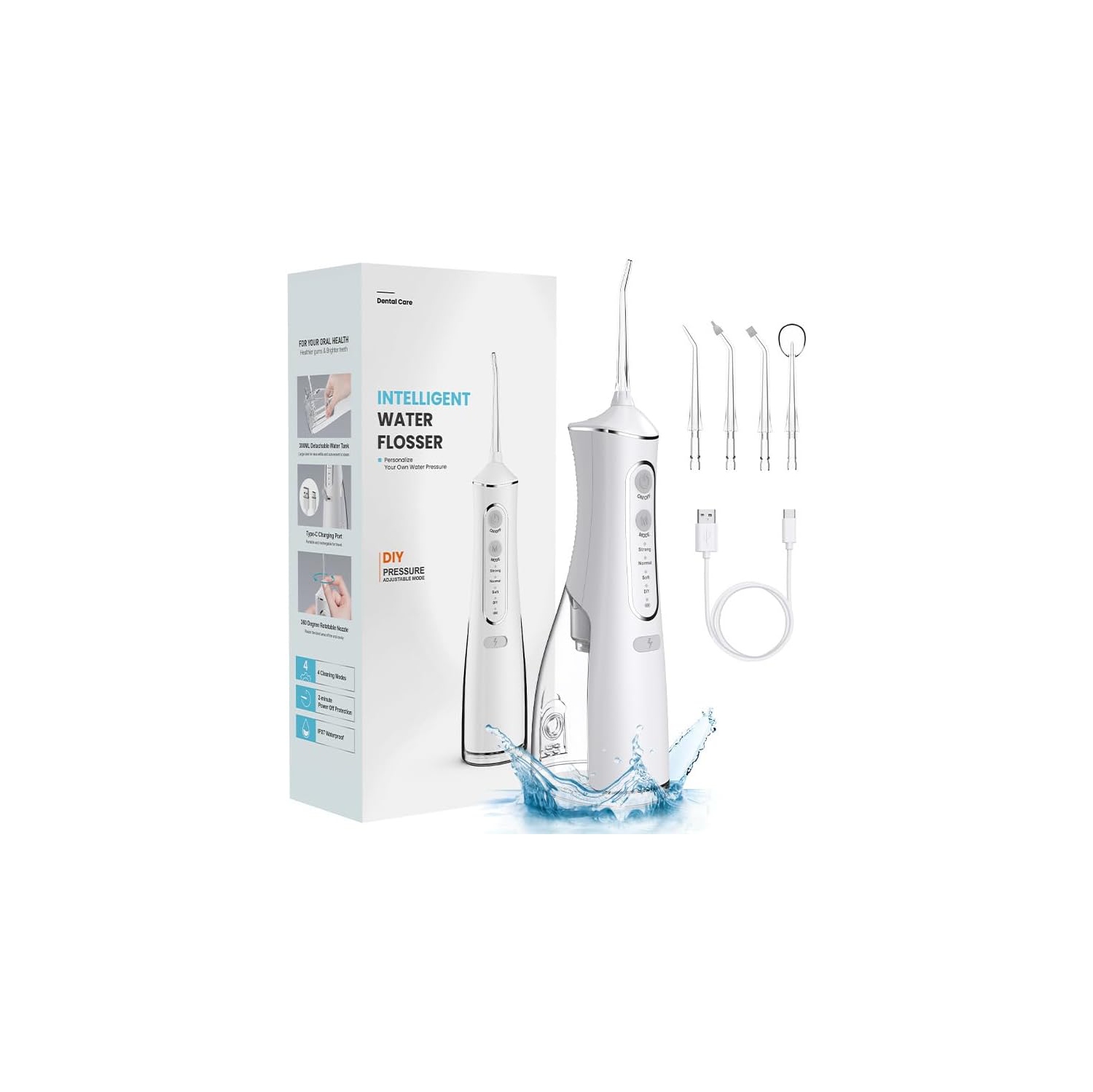 Hydropulseur buccal étanche IPX7 de qualité supérieure avec jet d'eau ultra-fin 0,5&nbsp;mm, pression réglable, buse à 360° et longue autonomie pour
