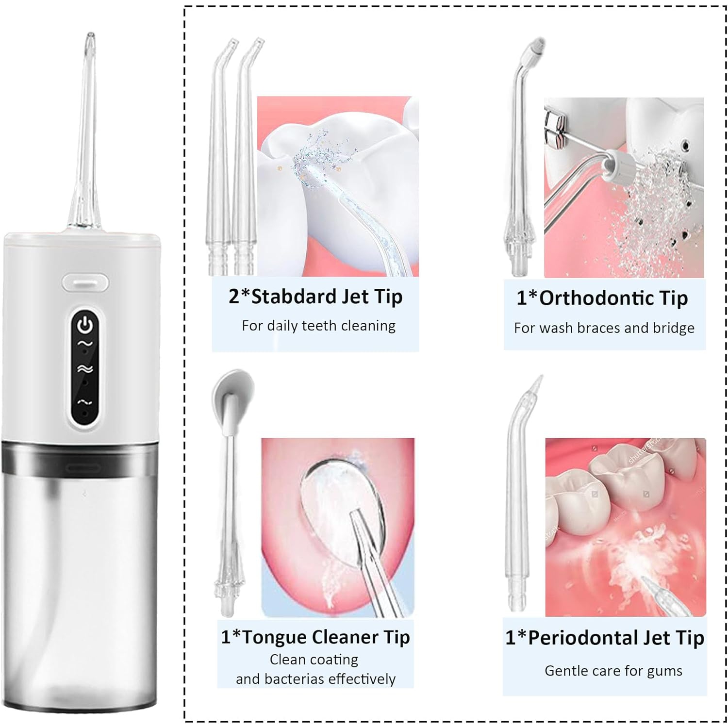 Hydropulseur à dents sans fil, hydropulseur électrique portatif rechargeable pour adulte pour la maison ou les voyages, 3 modes, deux buses, étanche