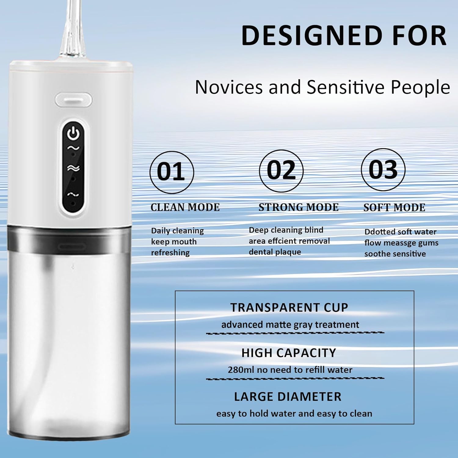 Hydropulseur à dents sans fil, hydropulseur électrique portatif rechargeable pour adulte pour la maison ou les voyages, 3 modes, deux buses, étanche