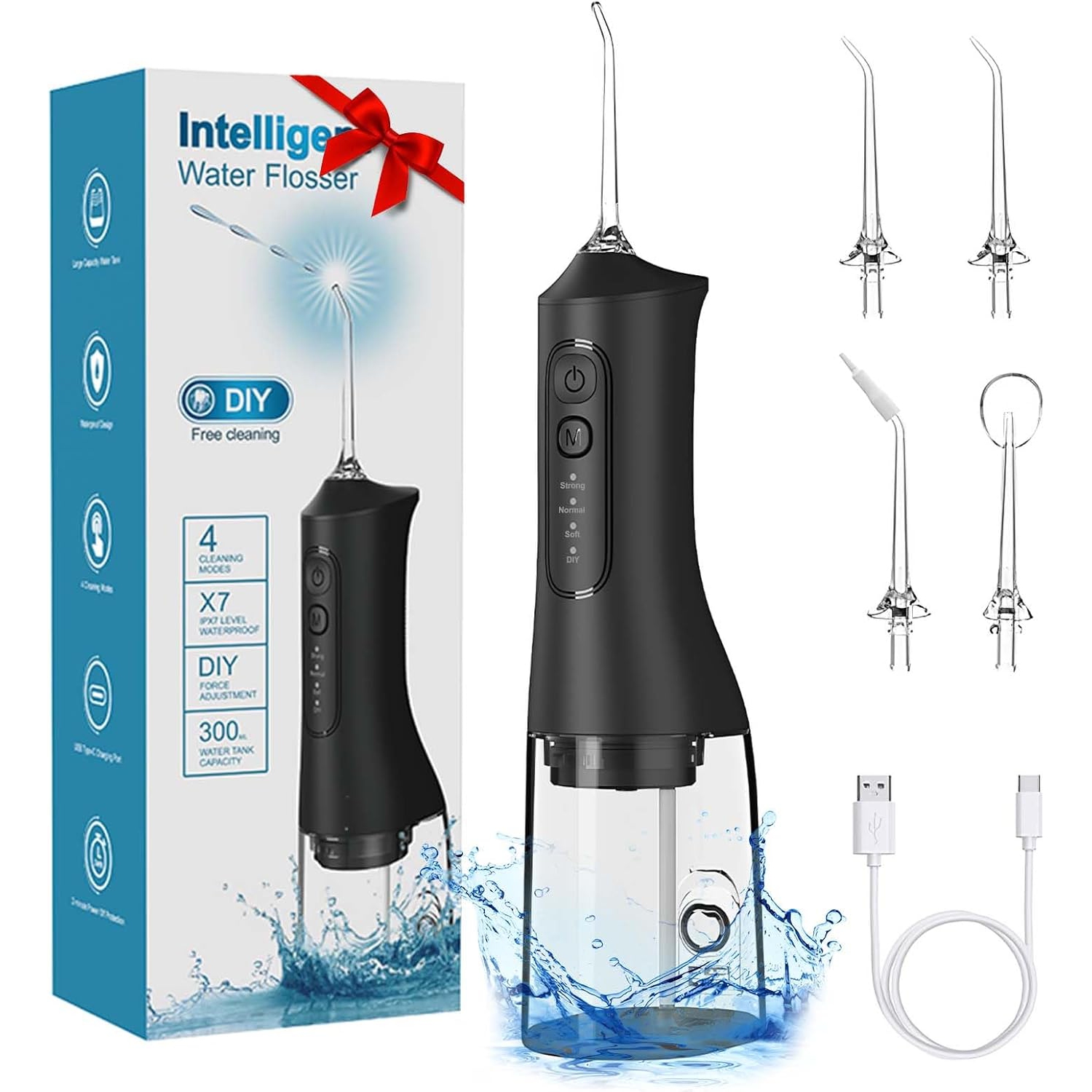 Irrigateur dentaire sans fil, 4 modes à installer soi-même et 4 buses, irrigateur oral 300&nbsp;ml, hydropulseur à jet d'eau dentaire rechargeable